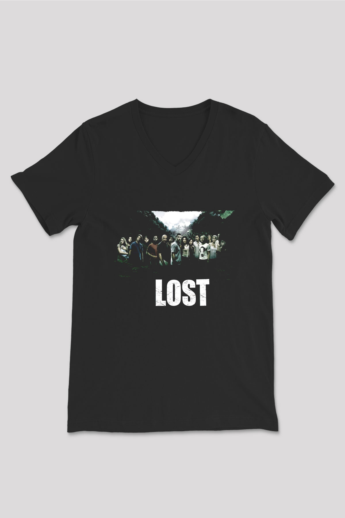 Unisex Lost Baskılı Siyah V Yaka T-shirt