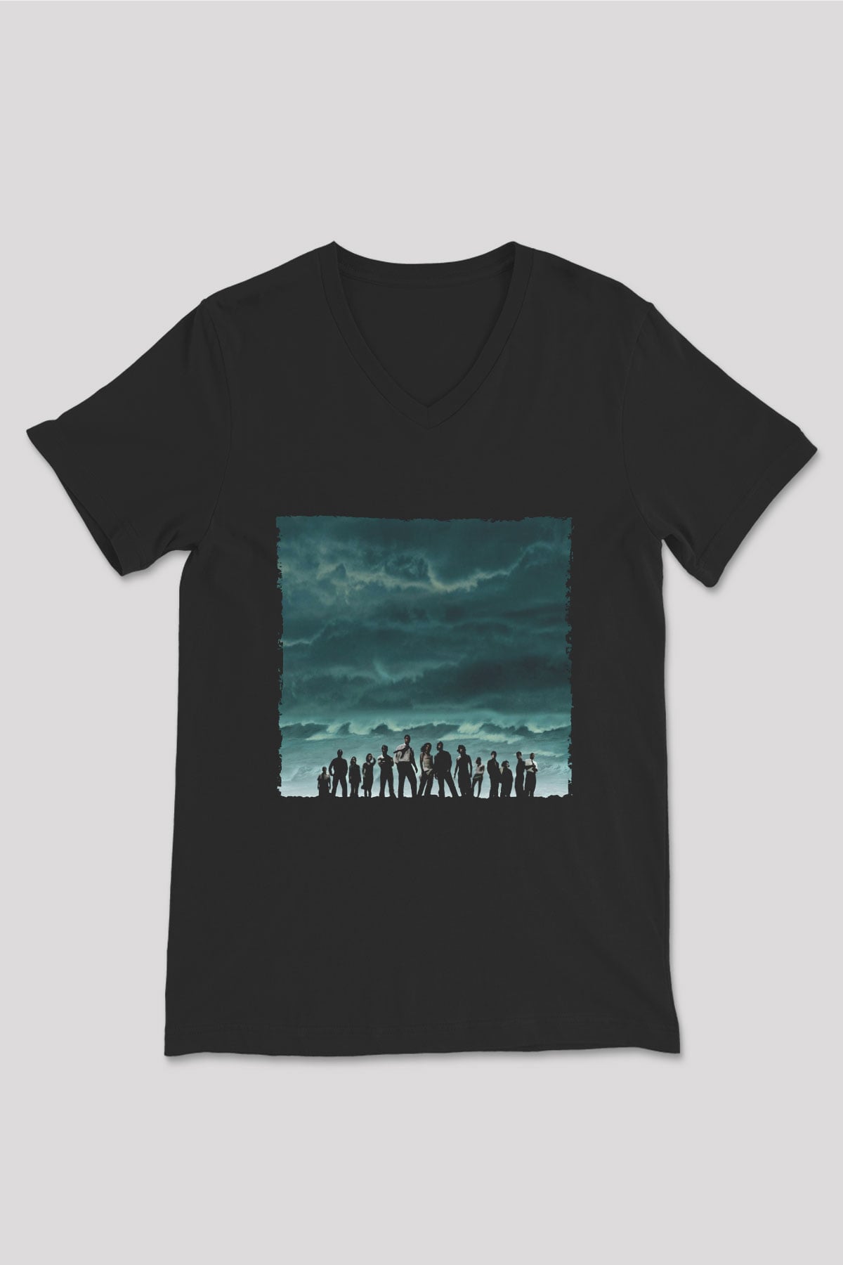 Unisex Lost Baskılı Siyah V Yaka Tişört