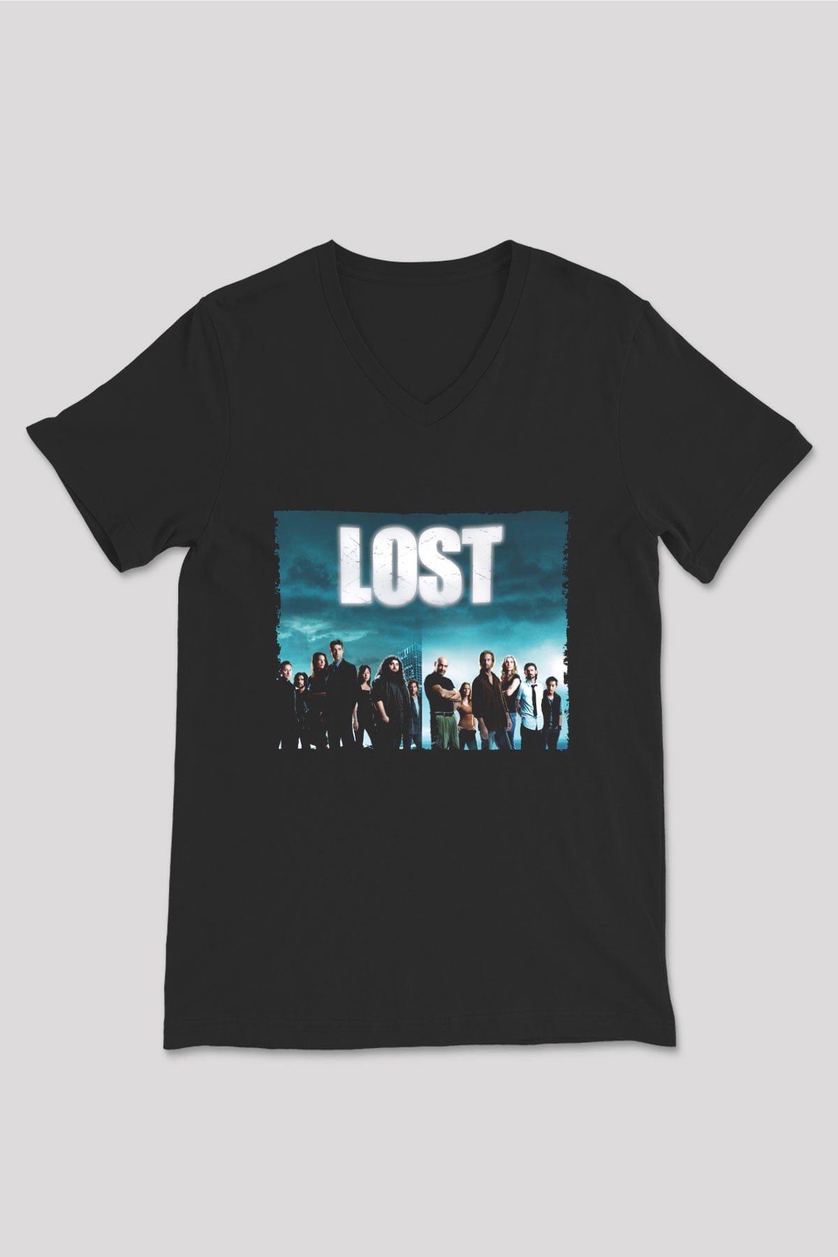 Unisex Lost Baskılı Siyah V Yaka Tshirt