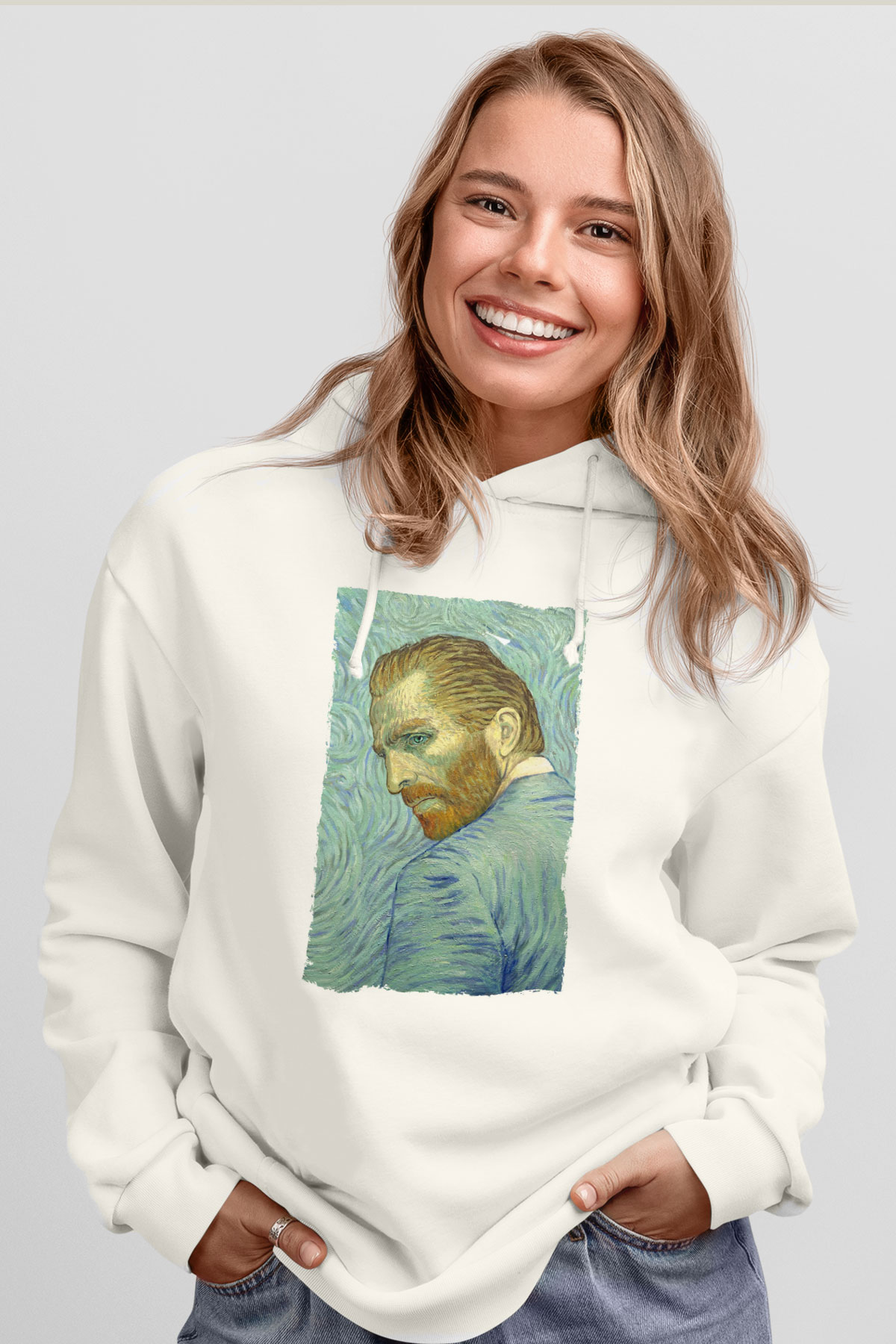Unisex Loving Vincent Baskılı Beyaz Kapüşonlu Sweatshirt
