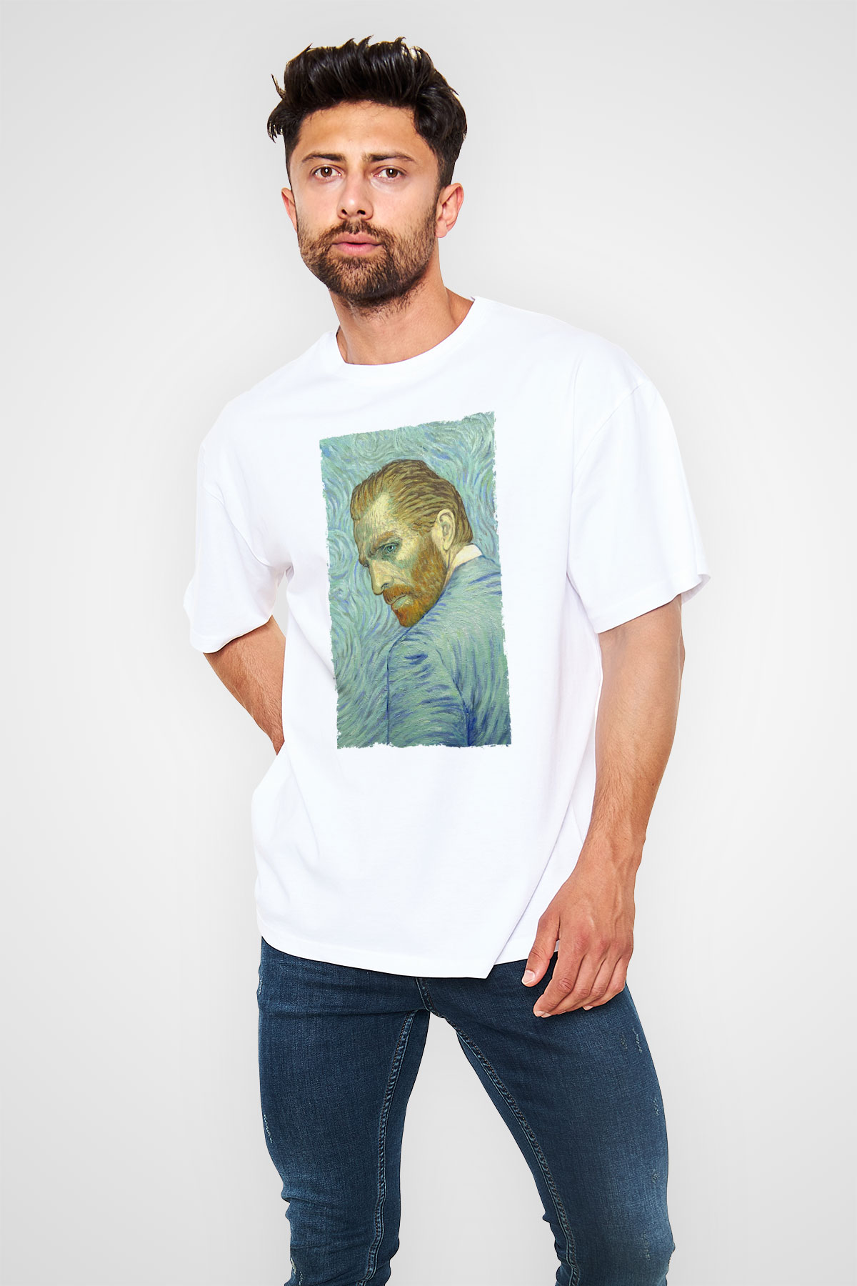 Unisex Loving Vincent Baskılı Beyaz Oversize Tişört
