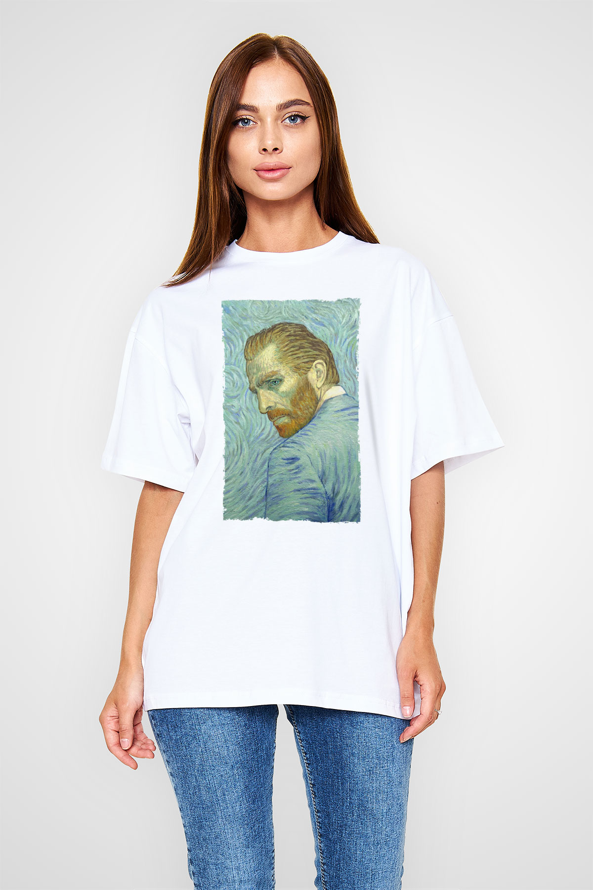 Unisex Loving Vincent Baskılı Beyaz Oversize Tişört