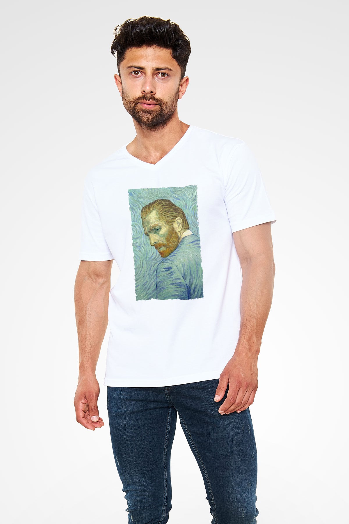 Unisex Loving Vincent Baskılı Beyaz V Yaka Tişört