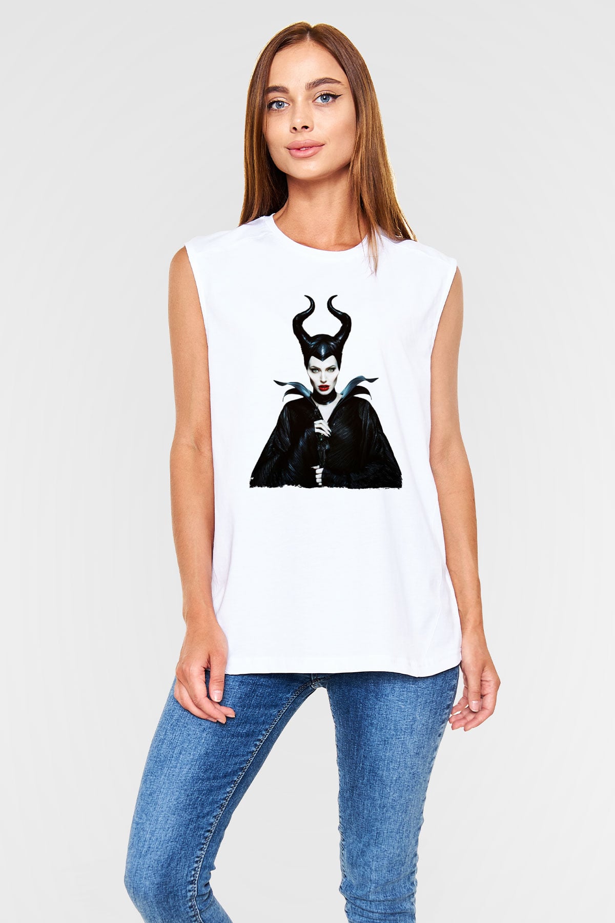 Unisex Malefiz (Maleficent) Baskılı Beyaz Kolsuz Tshirt