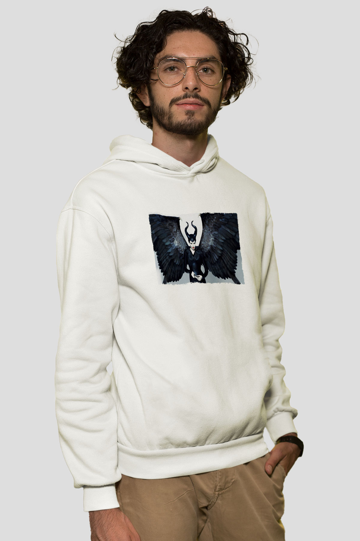 Unisex Malefiz (Maleficent) Baskılı Beyaz Kapüşonlu Sweatshirt