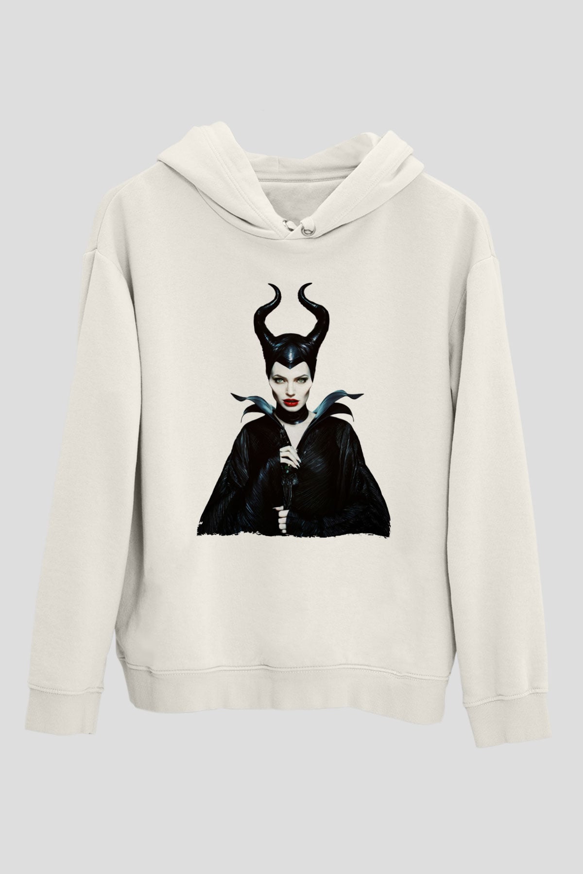Unisex Malefiz (Maleficent) Baskılı Beyaz Kapüşonlu Sweatshirt