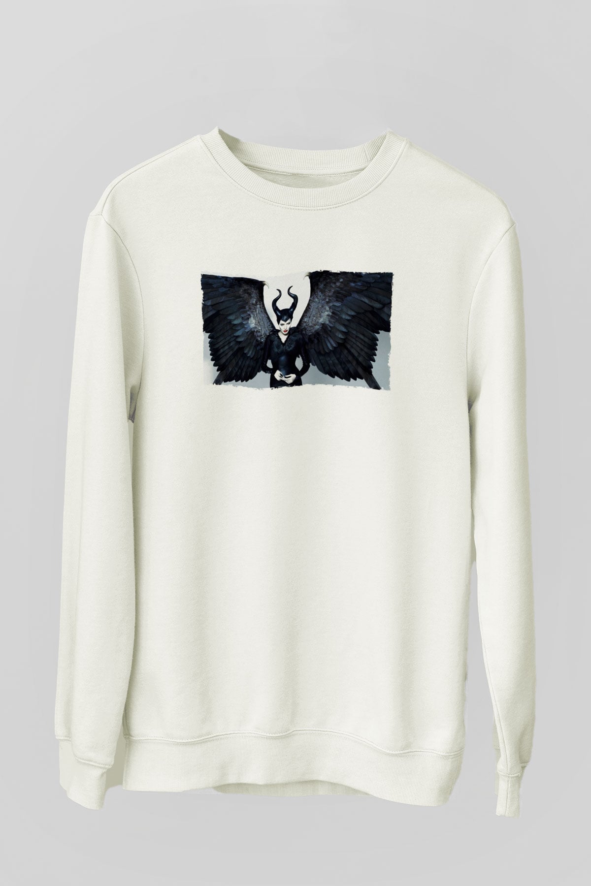 Unisex Malefiz (Maleficent) Baskılı Beyaz Sweatshirt