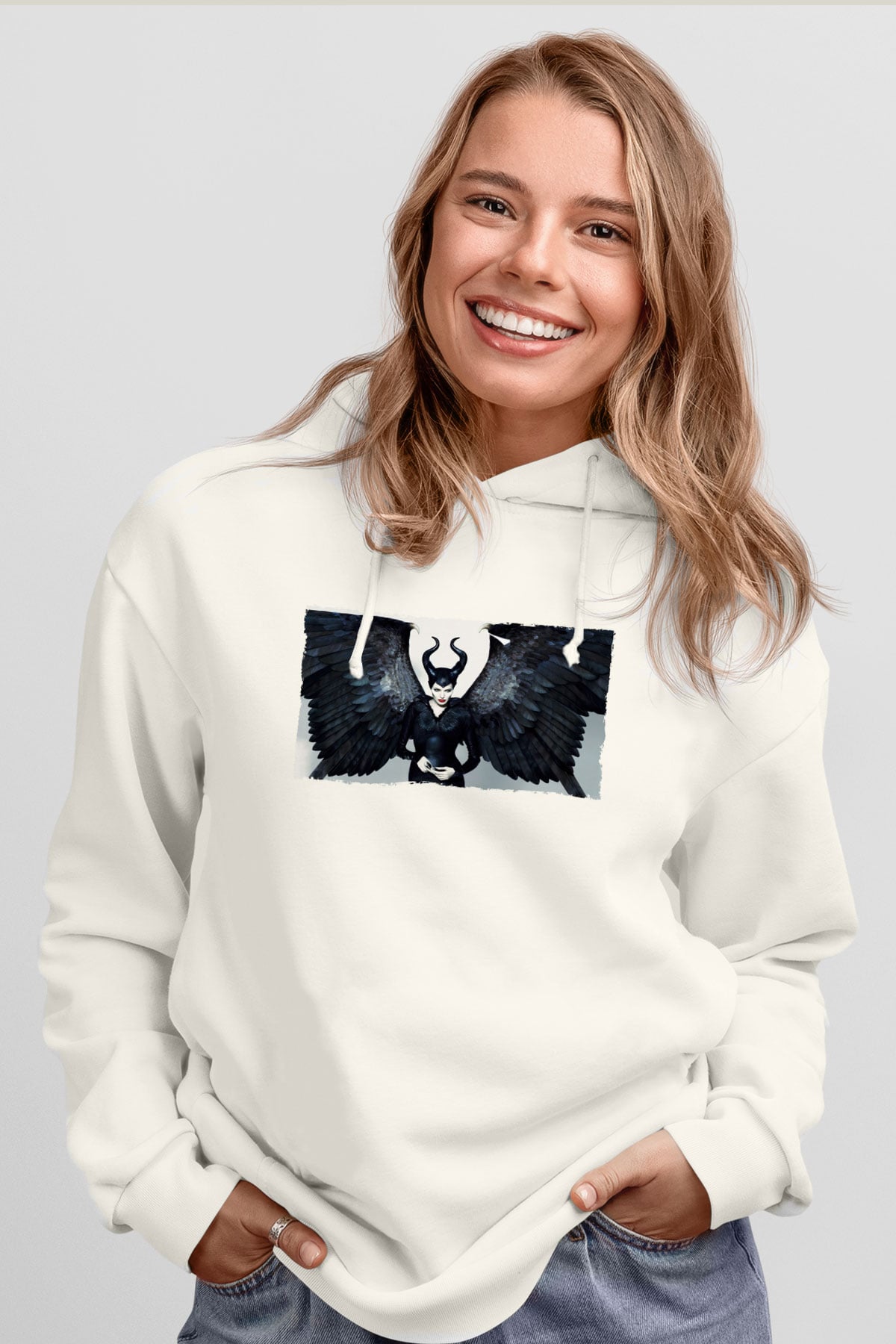 Unisex Malefiz (Maleficent) Baskılı Beyaz Kapüşonlu Sweatshirt