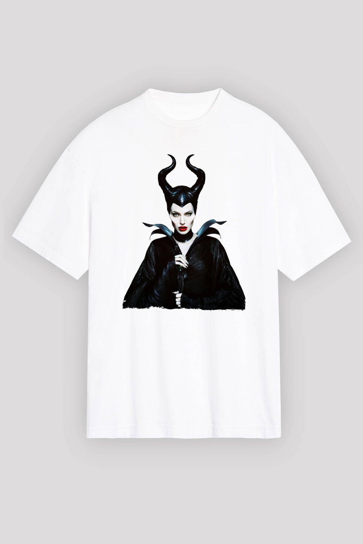 Unisex Malefiz (Maleficent) Baskılı Beyaz Oversize Oversize T-shirt