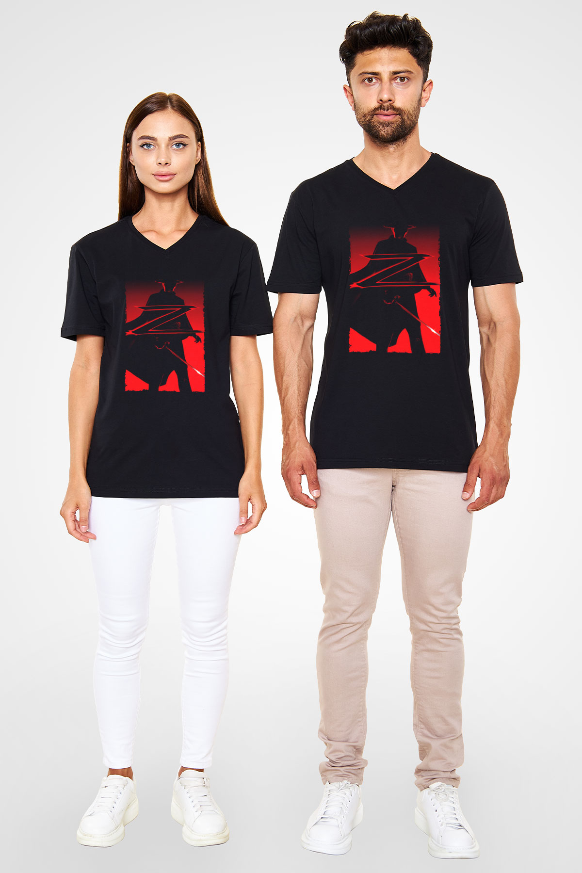 Unisex Maskeli Kahraman Zorro (The Mask of Zorro) Baskılı Siyah V Yaka Tişört