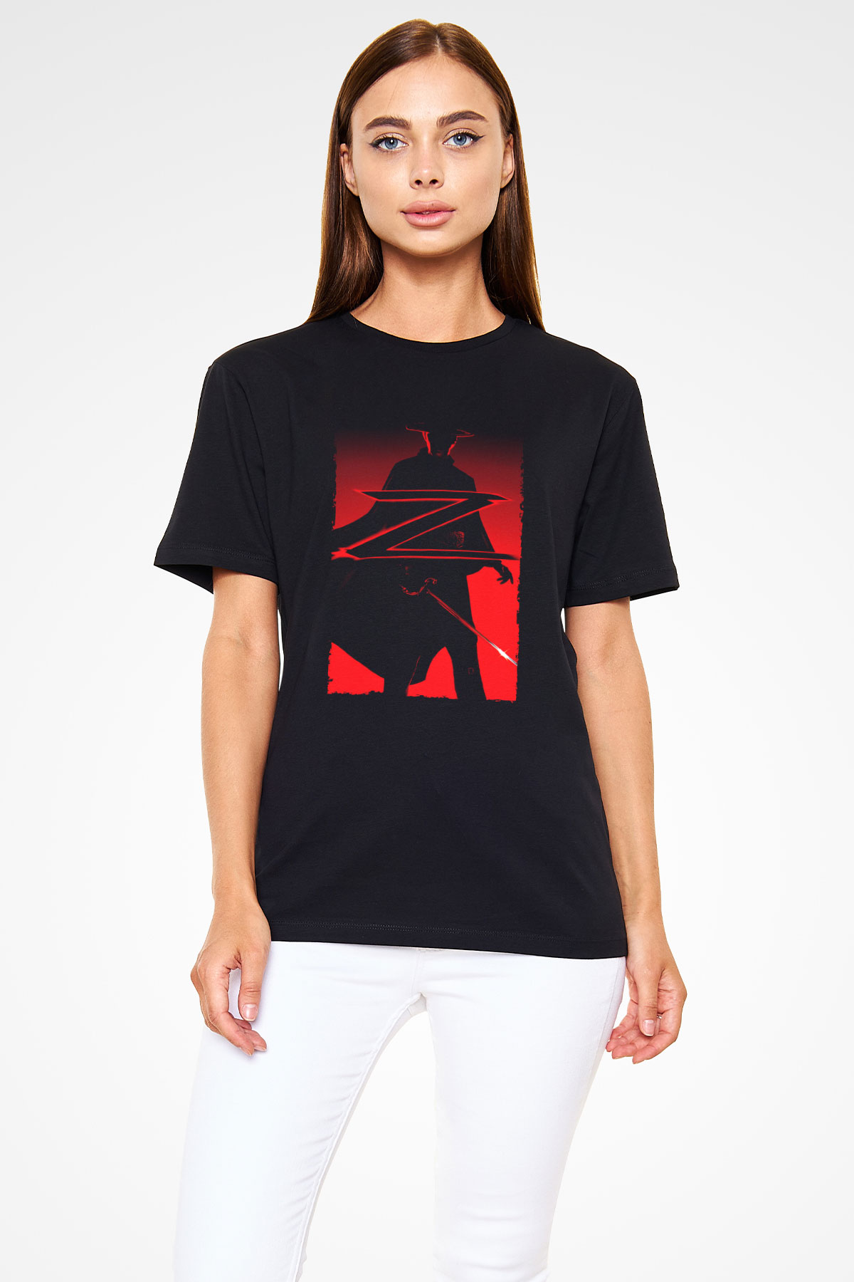 Unisex Maskeli Kahraman Zorro (The Mask of Zorro) Baskılı Siyah Tişört