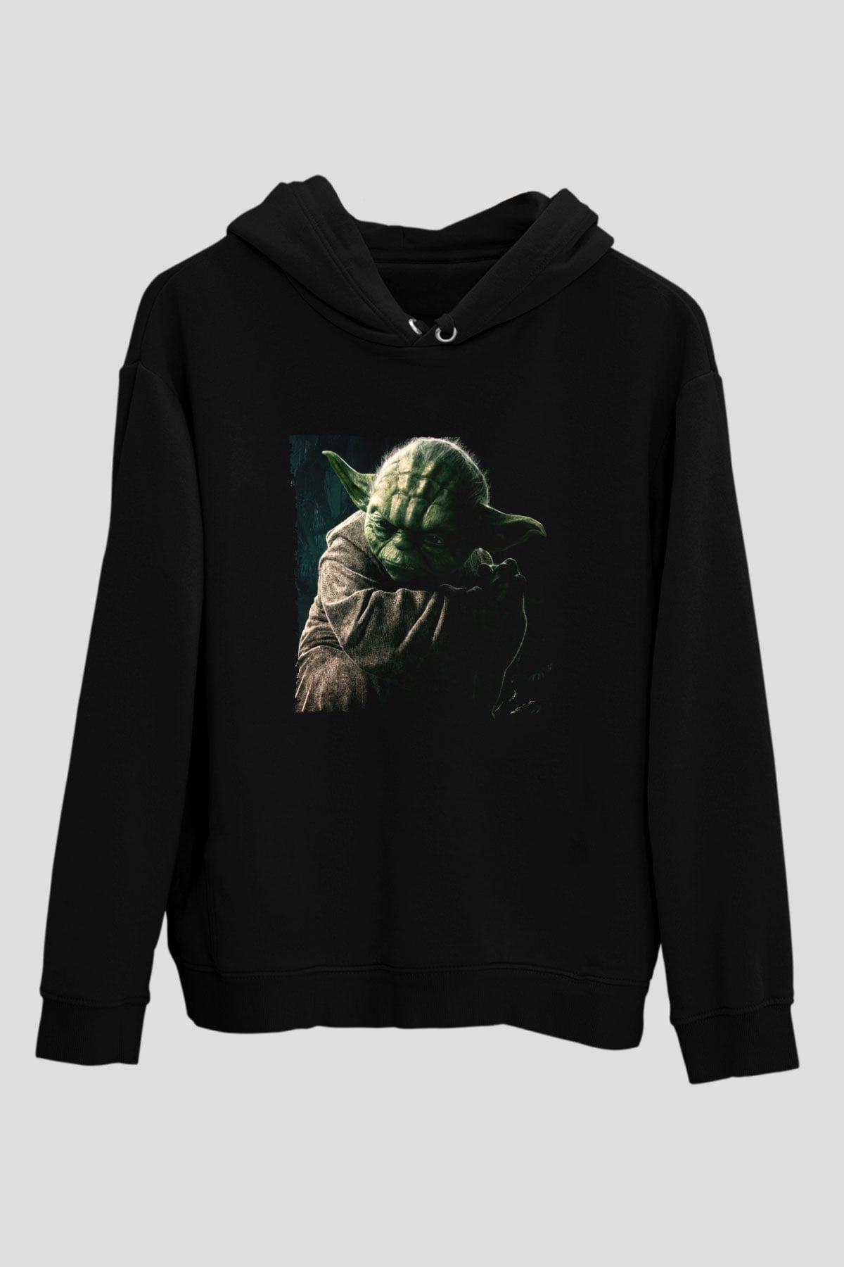 Unisex Master Yoda Baskılı Siyah Kapüşonlu Sweatshirt