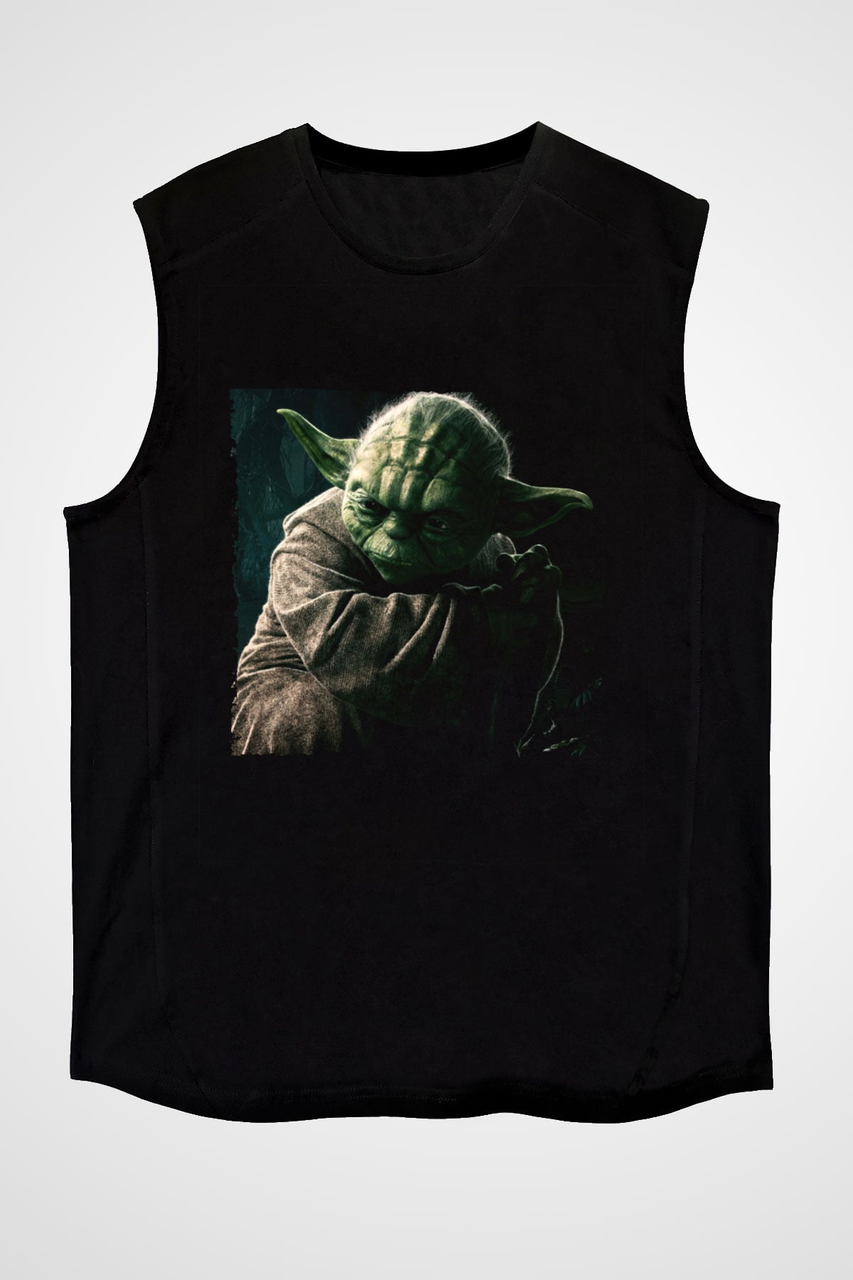 Unisex Master Yoda Baskılı Siyah Kolsuz Tişört