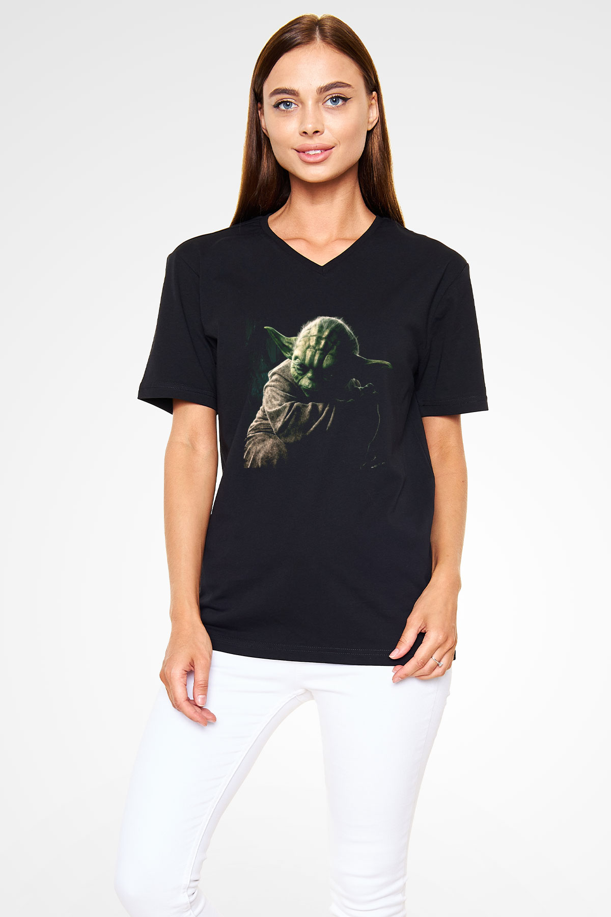 Unisex Master Yoda Baskılı Siyah V Yaka Tişört
