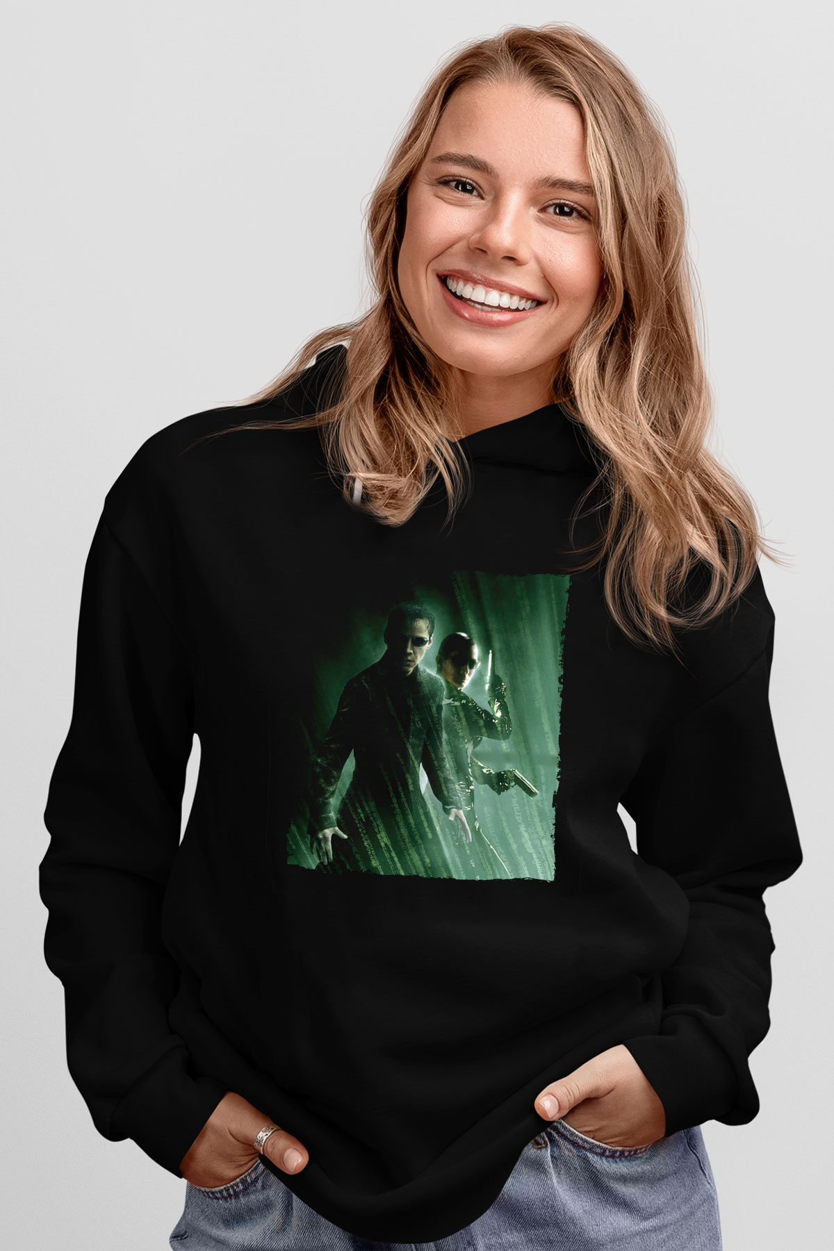 Unisex Matrix Baskılı Siyah Kapüşonlu Sweatshirt