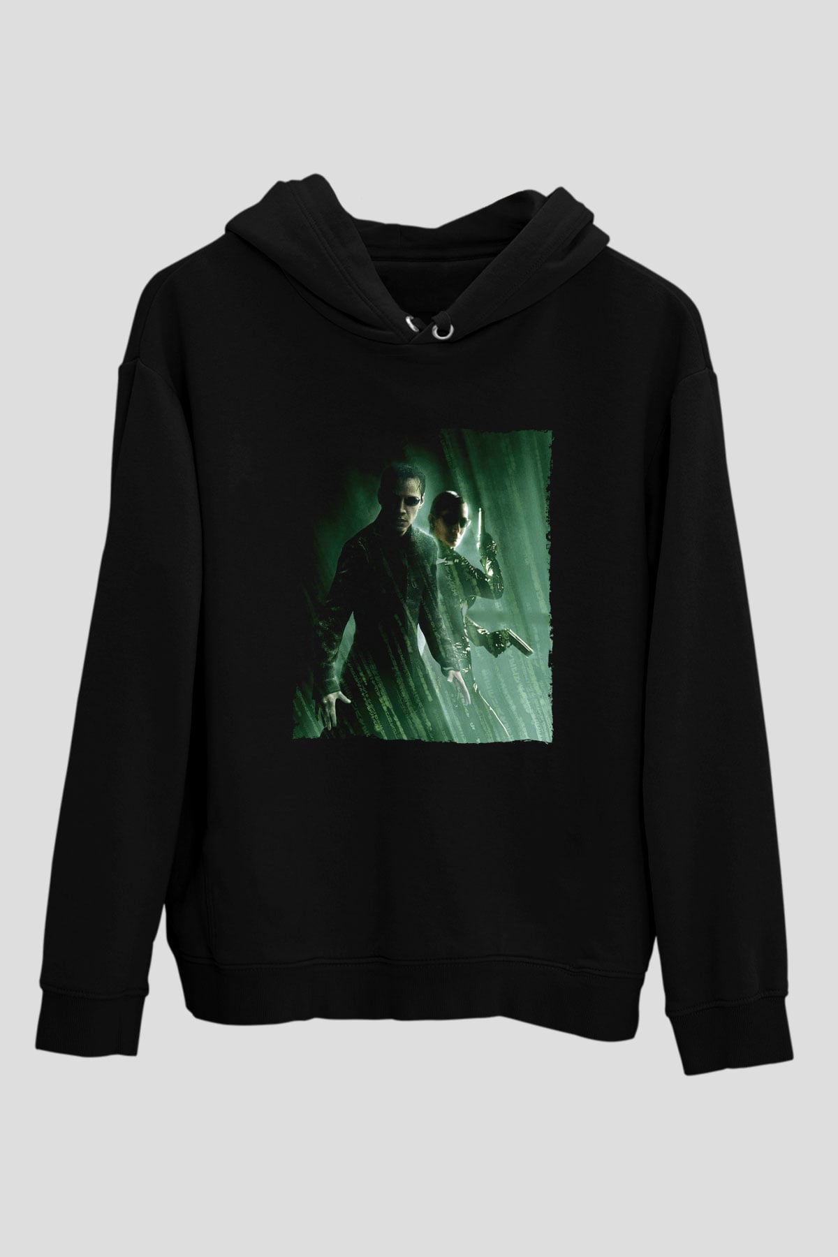 Unisex Matrix Baskılı Siyah Kapüşonlu Sweatshirt