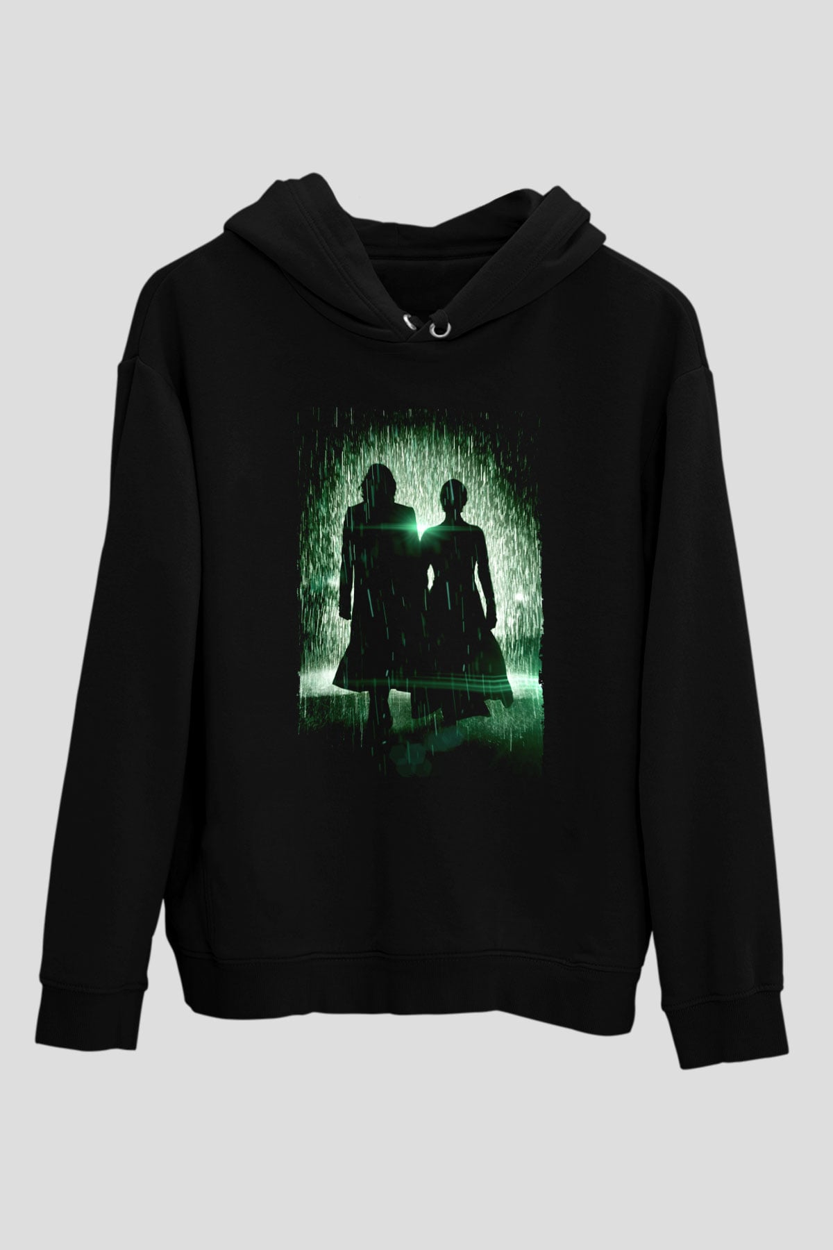Unisex Matrix Baskılı Siyah Kapüşonlu Sweatshirt