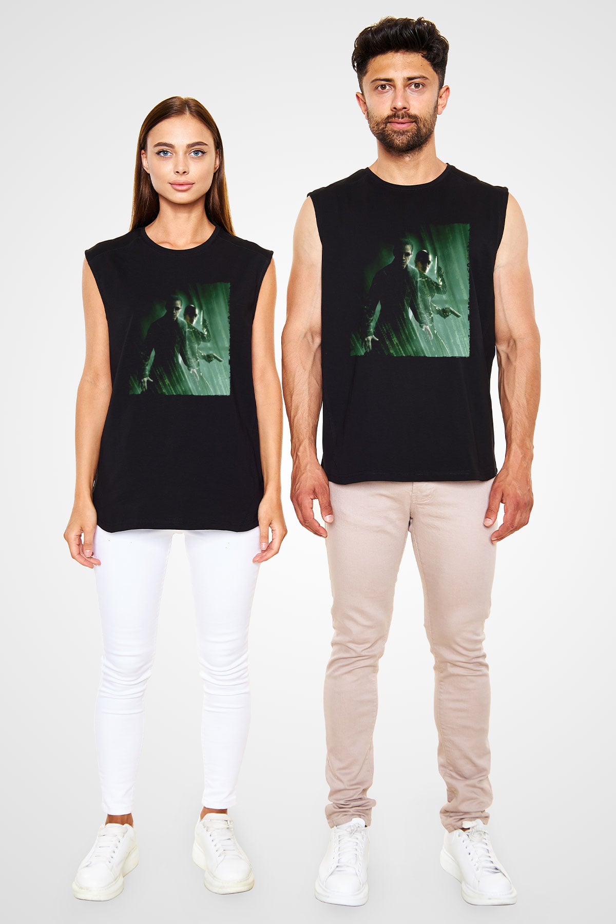 Unisex Matrix Baskılı Siyah Kolsuz Tişört