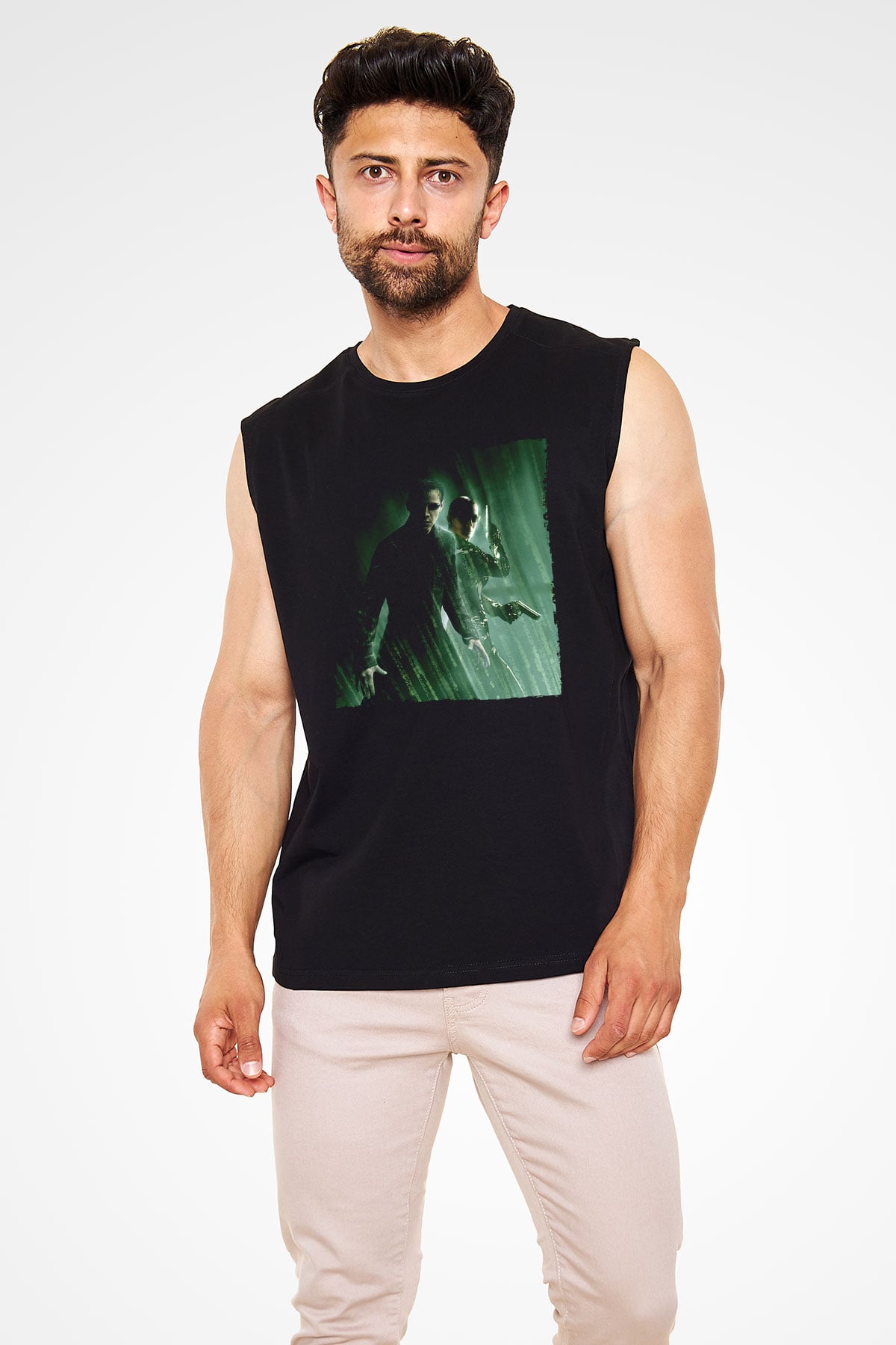 Unisex Matrix Baskılı Siyah Kolsuz Tişört