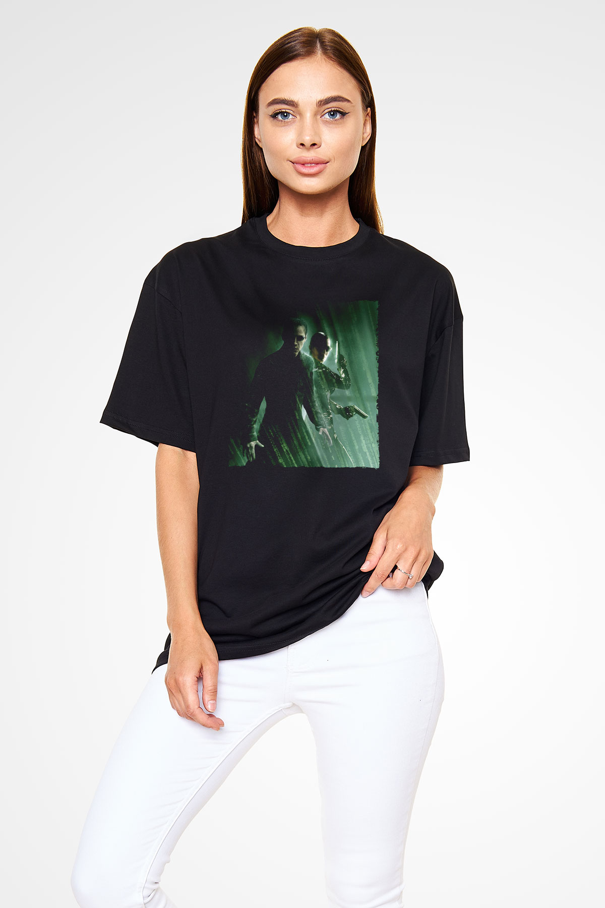 Unisex Matrix Baskılı Siyah Oversize Tişört