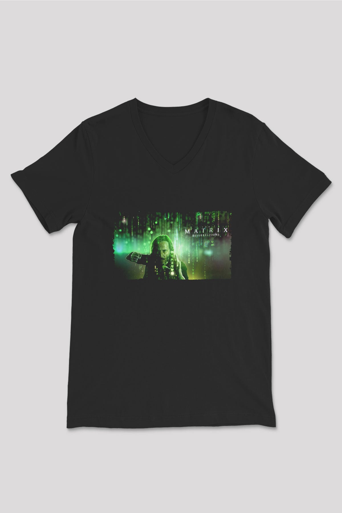 Unisex Matrix Resurrections (The Matrix Resurrections) Baskılı Siyah V Yaka T-shirt