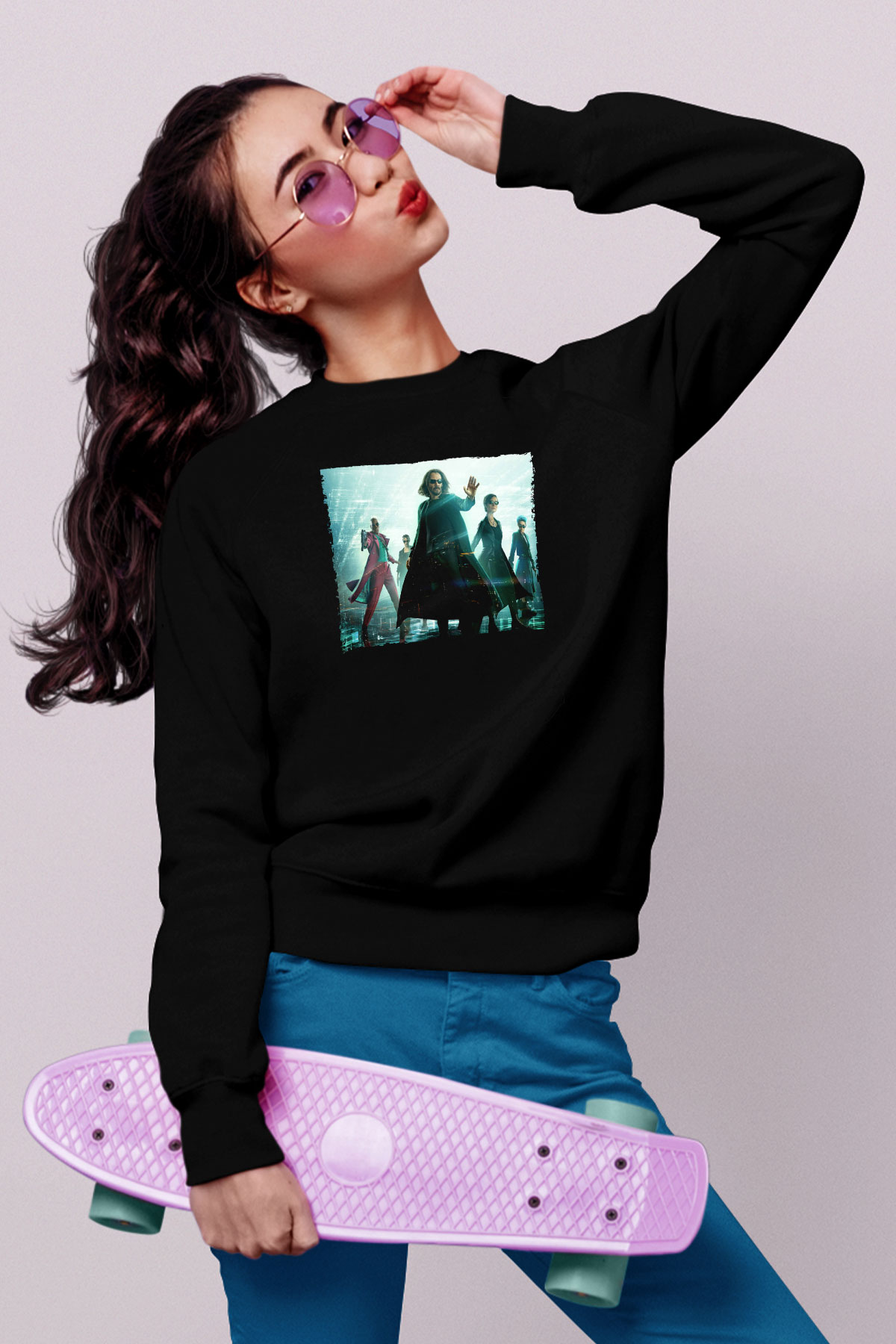 Unisex Matrix (The Matrix) Baskılı Siyah Sweatshirt