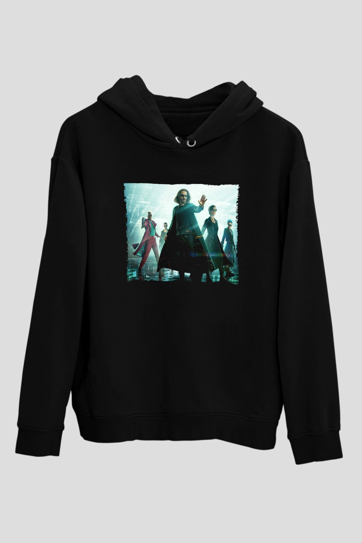 Unisex Matrix (The Matrix) Baskılı Siyah Kapüşonlu Sweatshirt