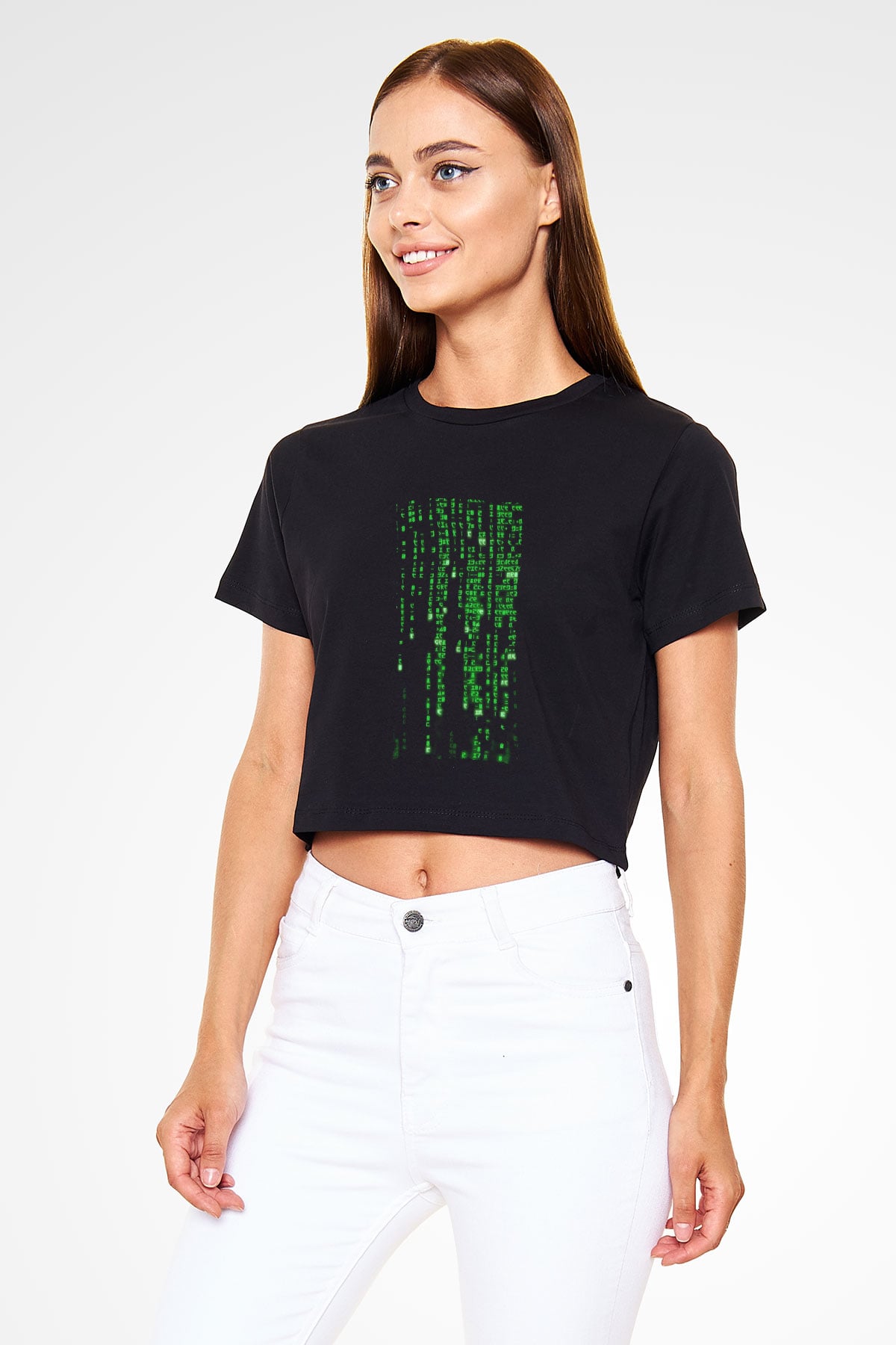 Unisex Matrix (The Matrix) Baskılı Siyah Unisex Crop Top Tshirt