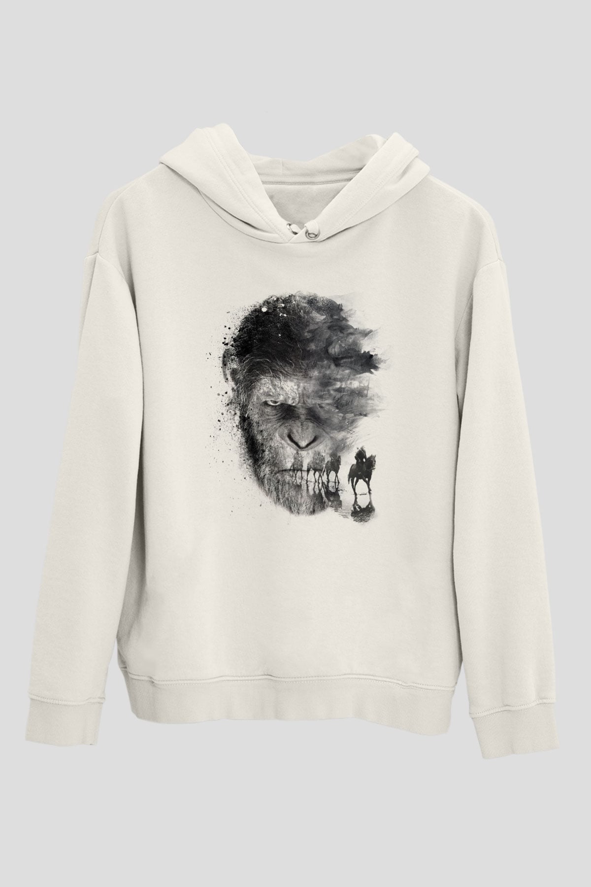 Unisex Maymunlar Cehennemi Savaş (War for the Planet of the Apes) Baskılı Beyaz Kapüşonlu Sweatshirt