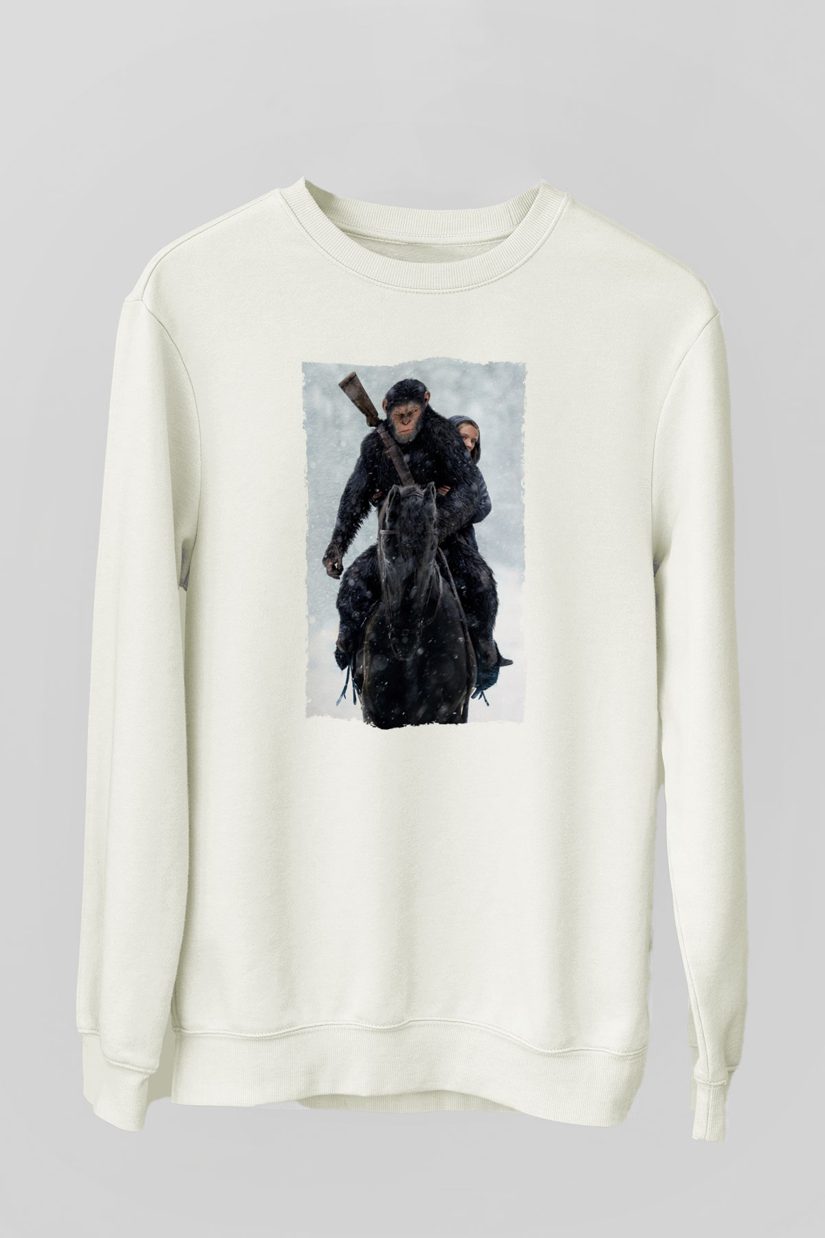 Unisex Maymunlar Cehennemi Savaş (War for the Planet of the Apes) Baskılı Beyaz Sweatshirt
