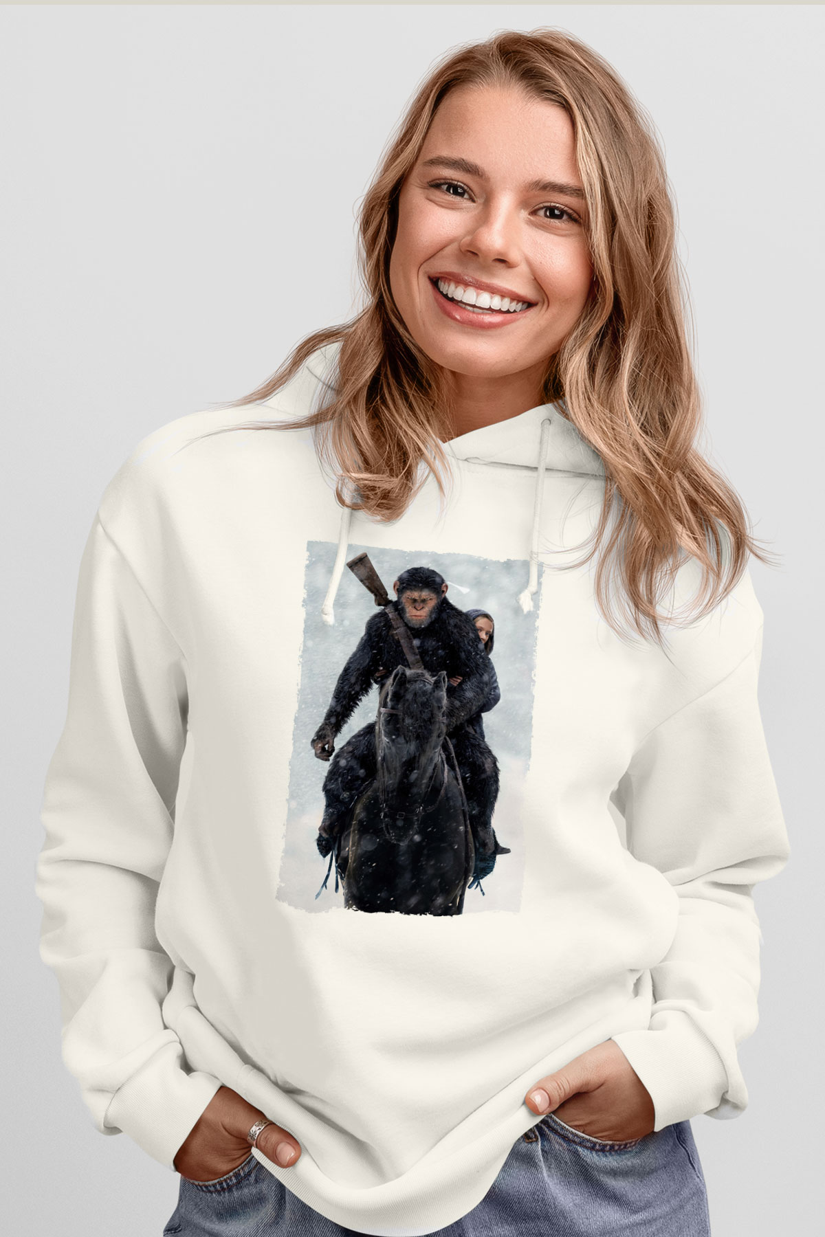 Unisex Maymunlar Cehennemi Savaş (War for the Planet of the Apes) Baskılı Beyaz Kapüşonlu Sweatshirt