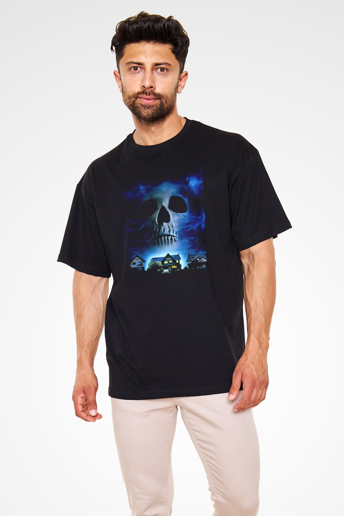 Unisex Merdiven Altındakiler (The People Under the Stairs) Baskılı Siyah Oversize T-shirt