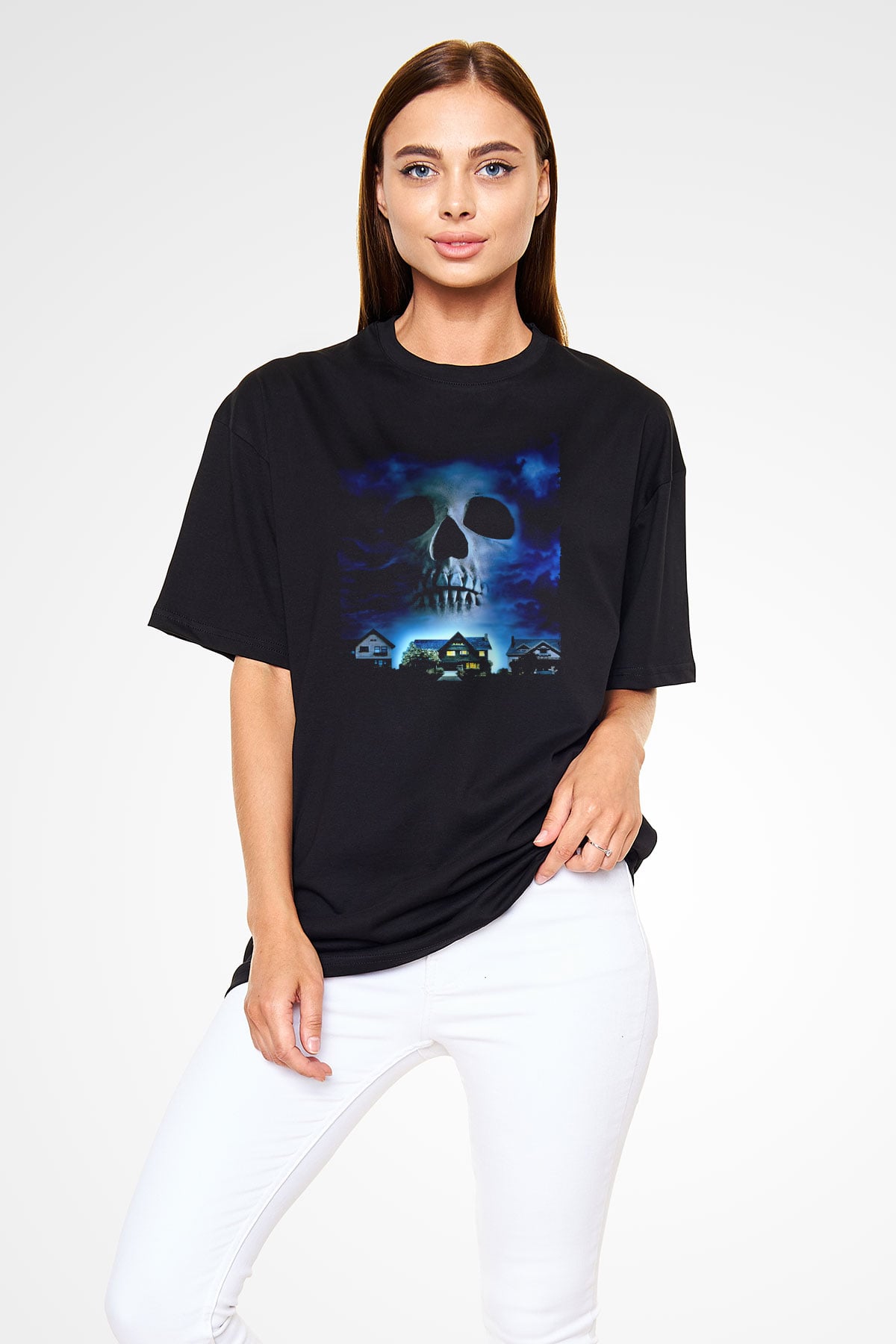 Unisex Merdiven Altındakiler (The People Under the Stairs) Baskılı Siyah Oversize T-shirt