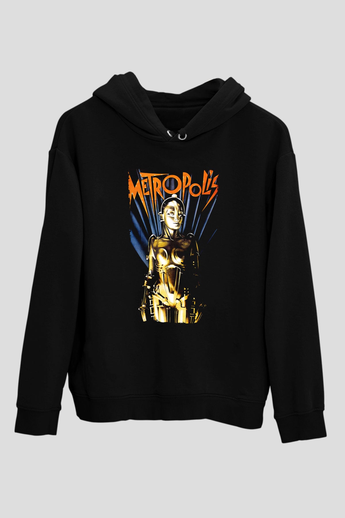 Unisex Metropolis Baskılı Siyah Kapüşonlu Sweatshirt