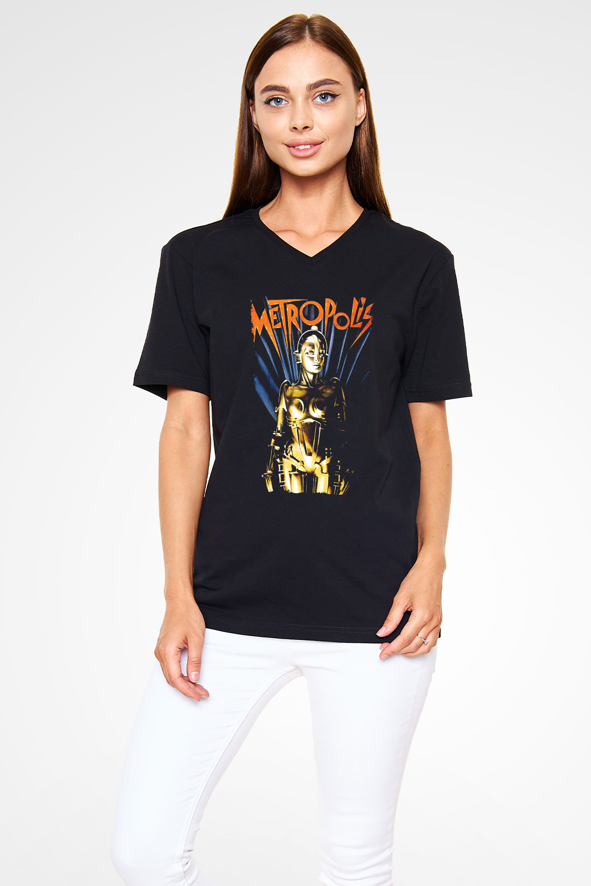 Unisex Metropolis Baskılı Siyah V Yaka Tişört