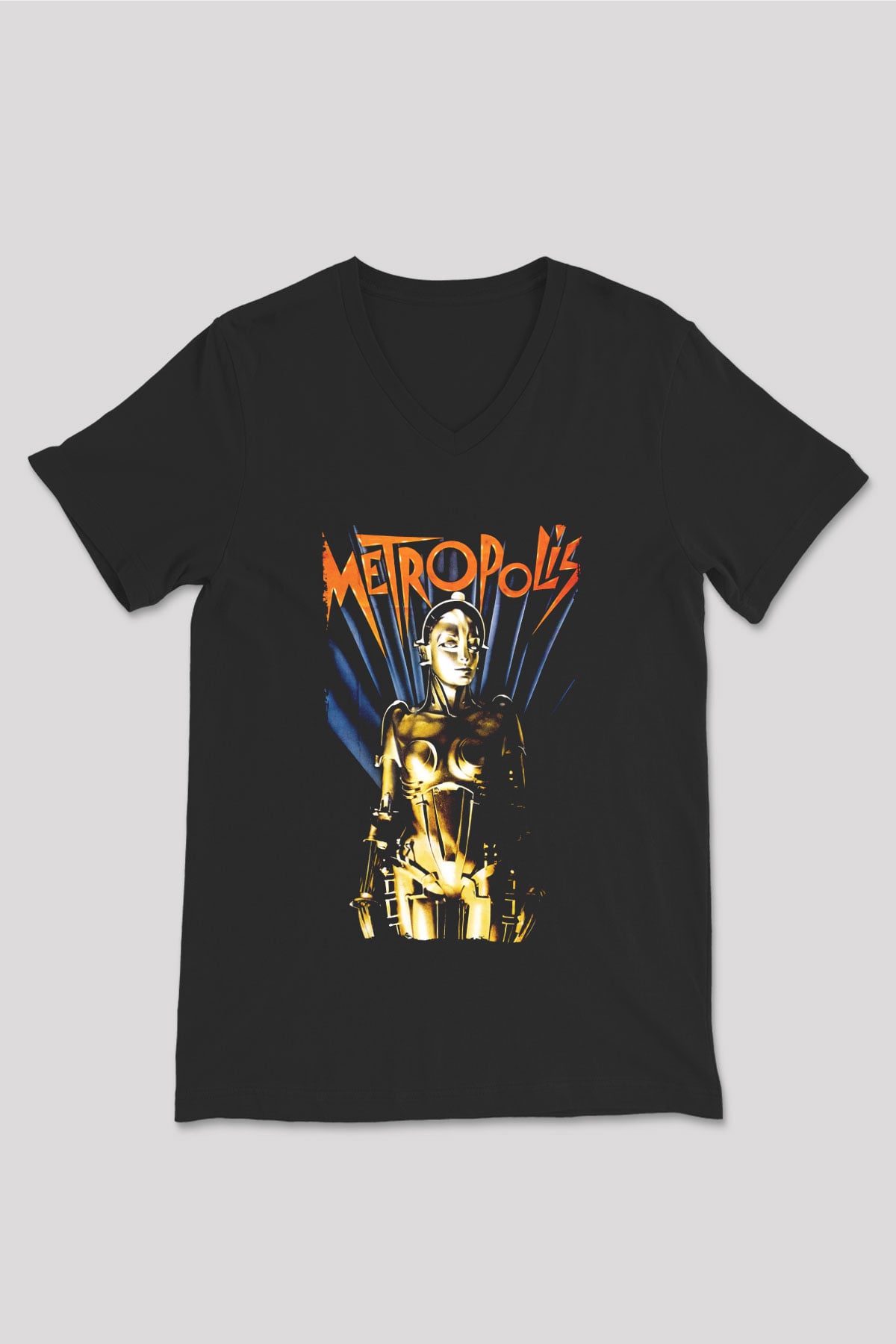 Unisex Metropolis Baskılı Siyah V Yaka Tişört