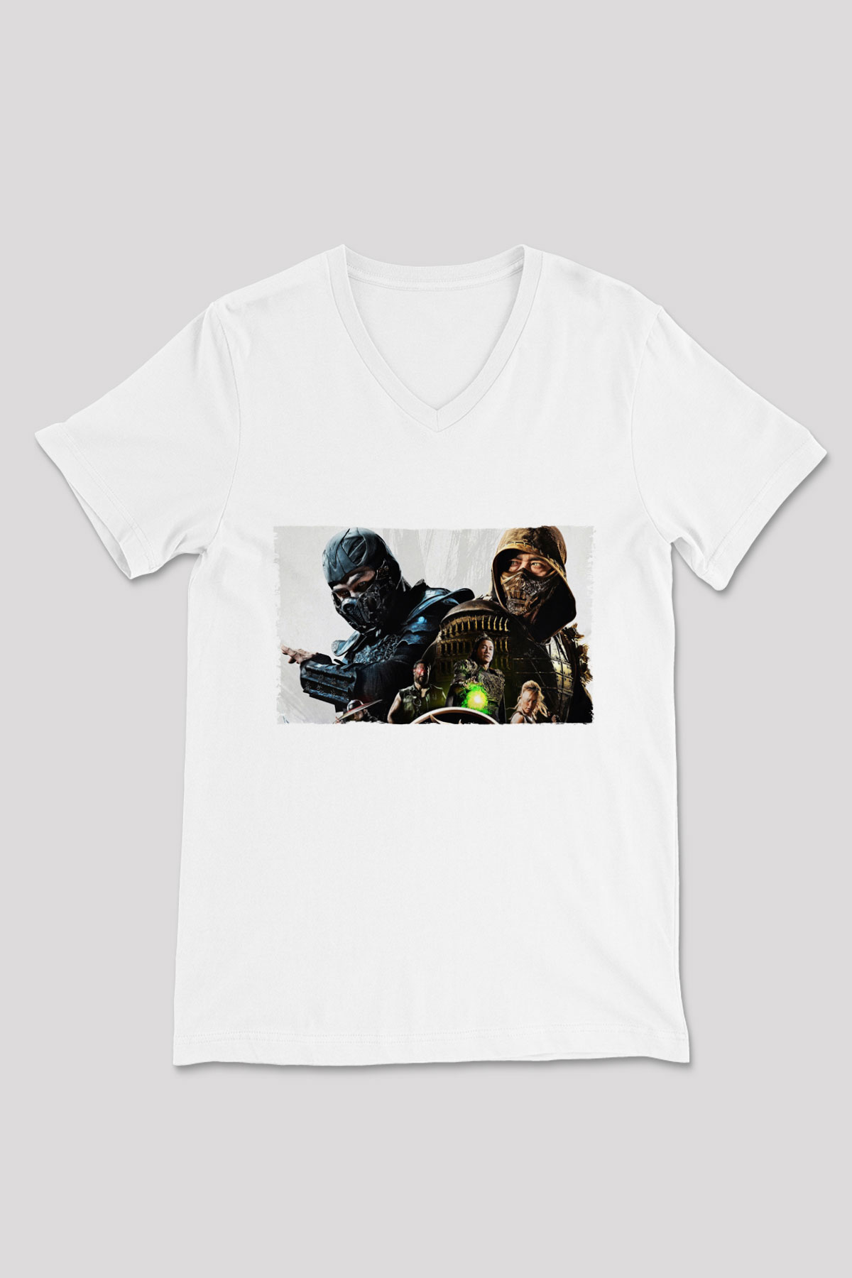 Unisex Mortal Kombat Baskılı Beyaz V Yaka Tişört