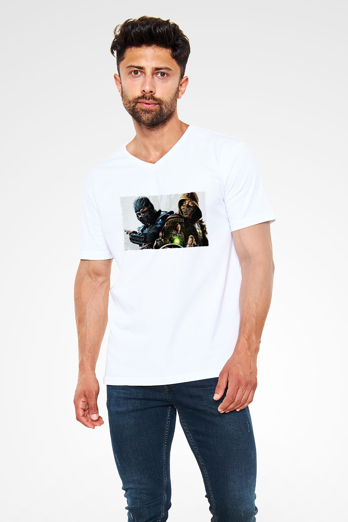 Unisex Mortal Kombat Baskılı Beyaz V Yaka Tişört