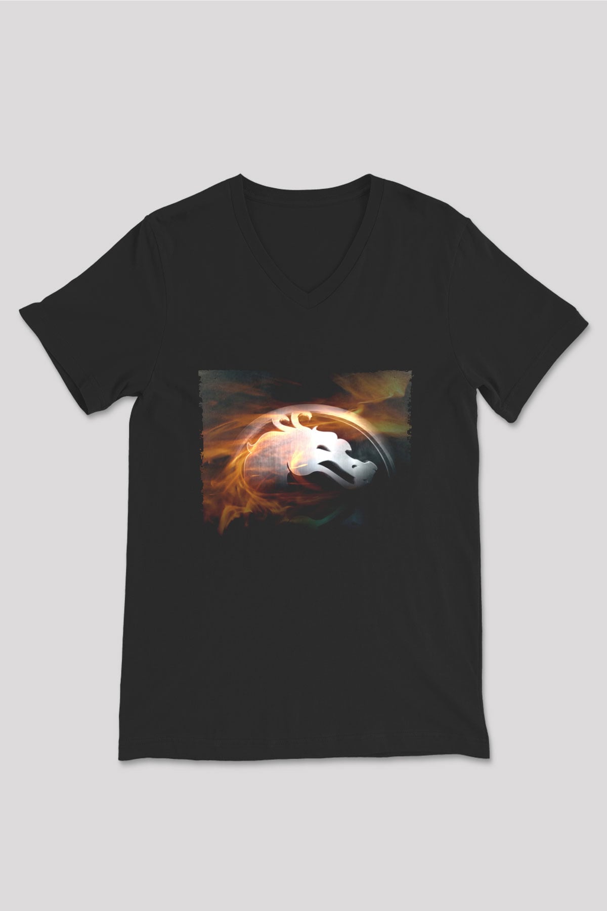 Unisex Mortal Kombat Baskılı Siyah Unisex V Yaka Tişört