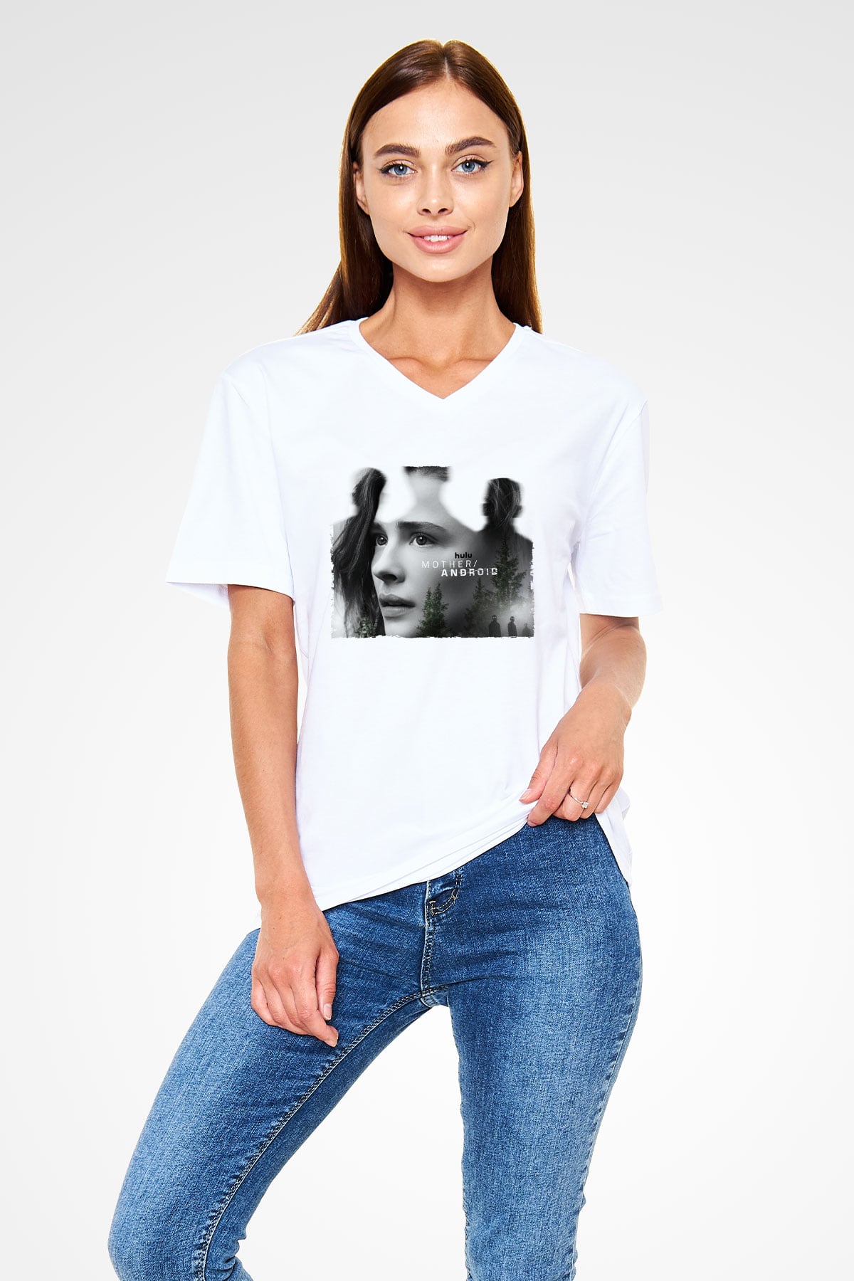 Unisex Mother Android Baskılı Beyaz V Yaka Tişört