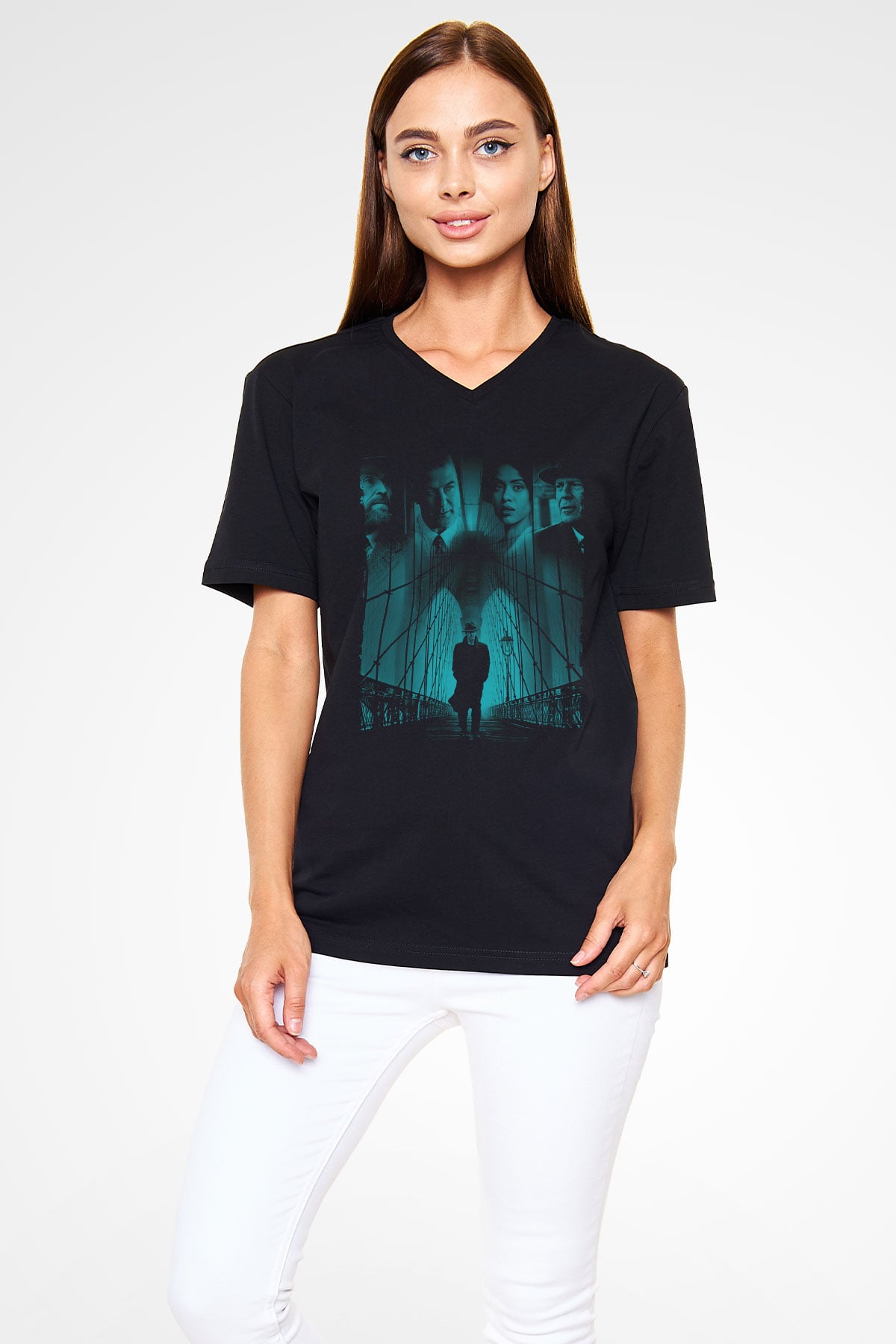 Unisex Motherless Brooklyn Baskılı Siyah V Yaka Tshirt