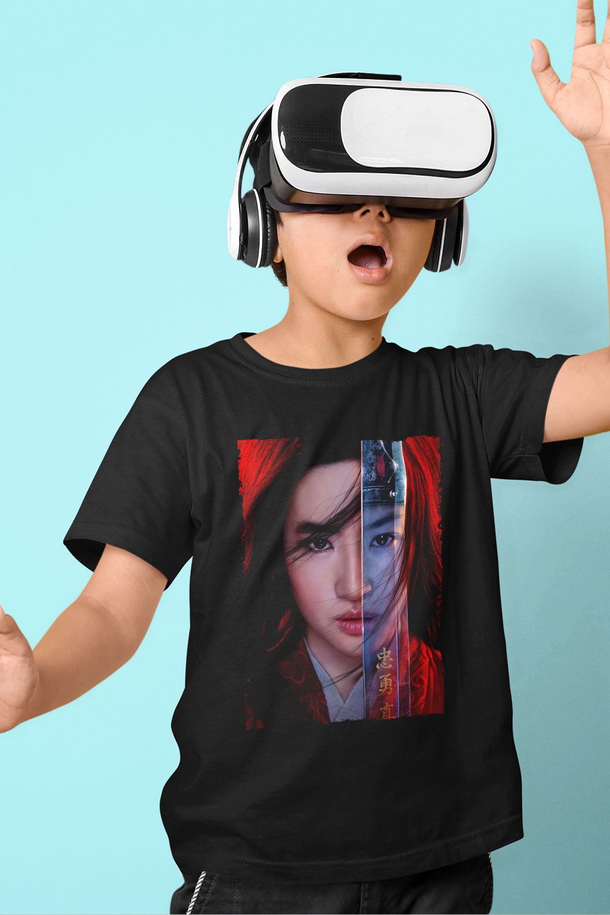 Unisex Mulan Baskılı Siyah Çocuk T-Shirt