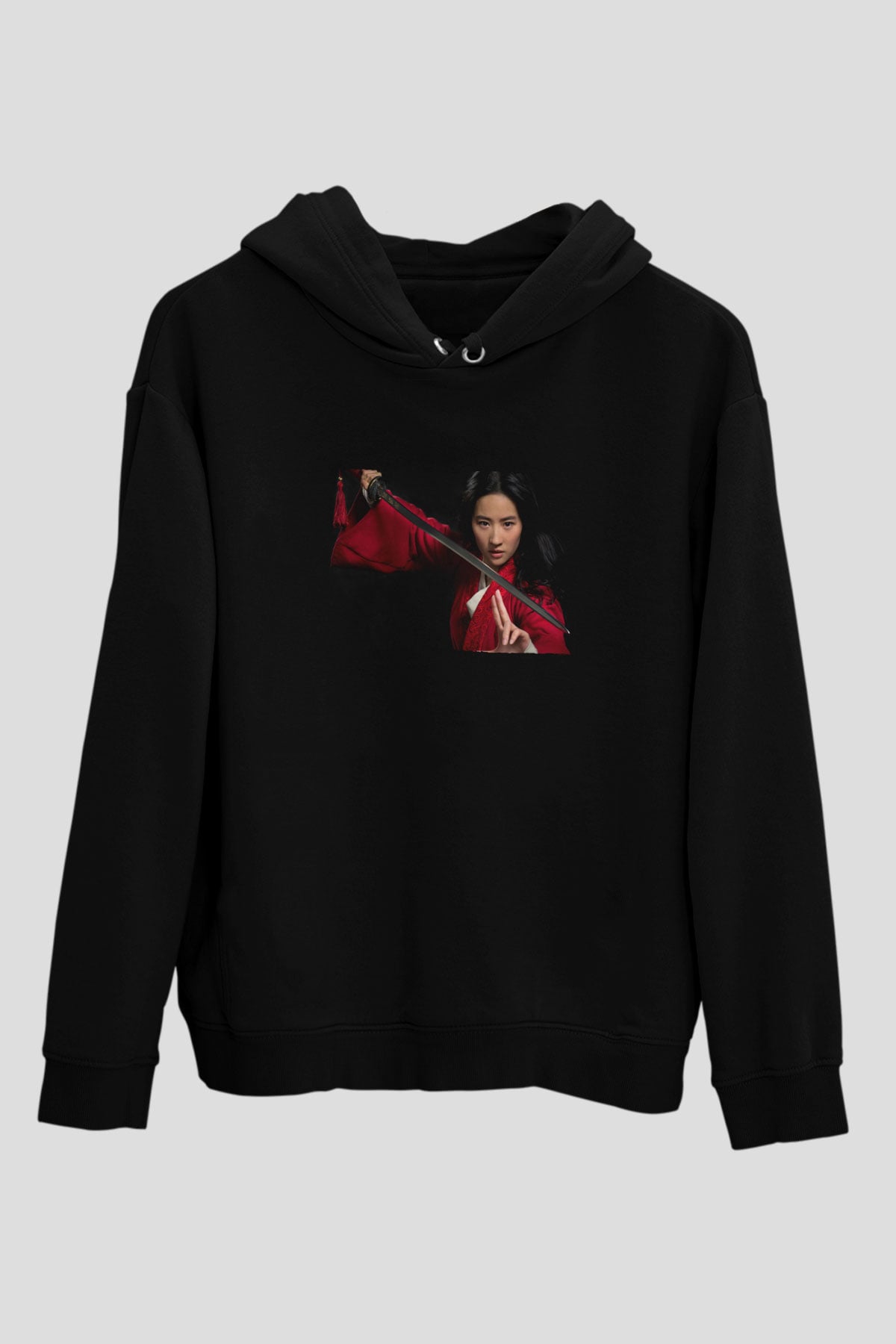 Unisex Mulan Baskılı Siyah Kapüşonlu Sweatshirt