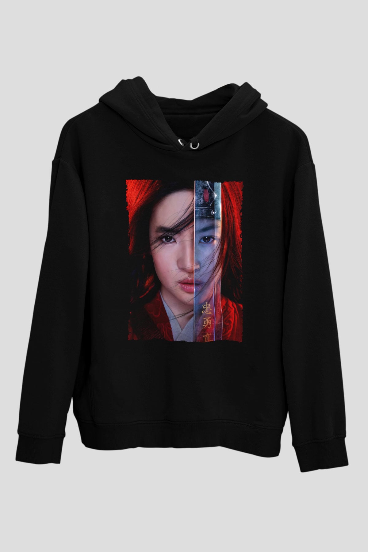 Unisex Mulan Baskılı Siyah Kapüşonlu Sweatshirt