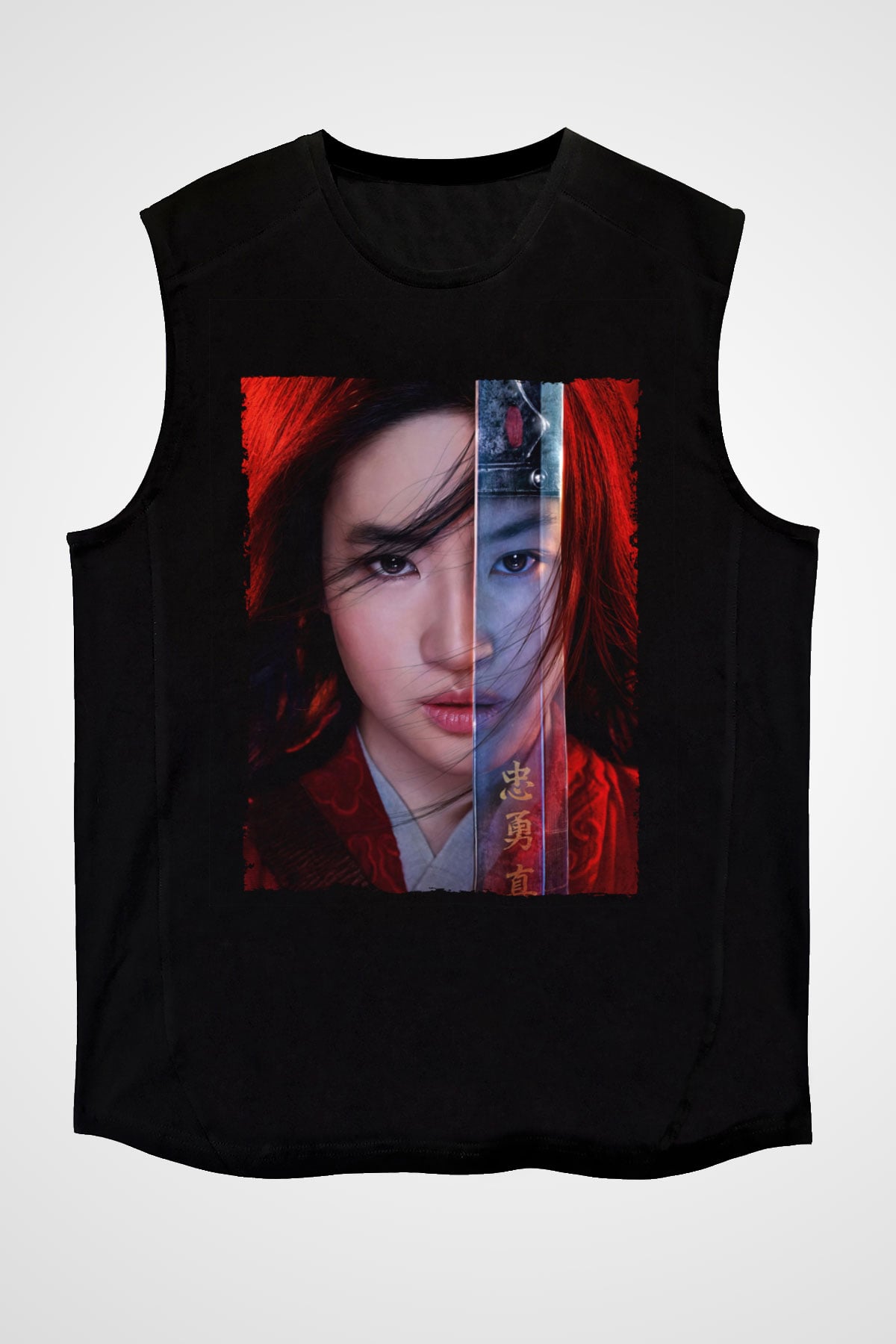 Unisex Mulan Baskılı Siyah Kolsuz T-shirt