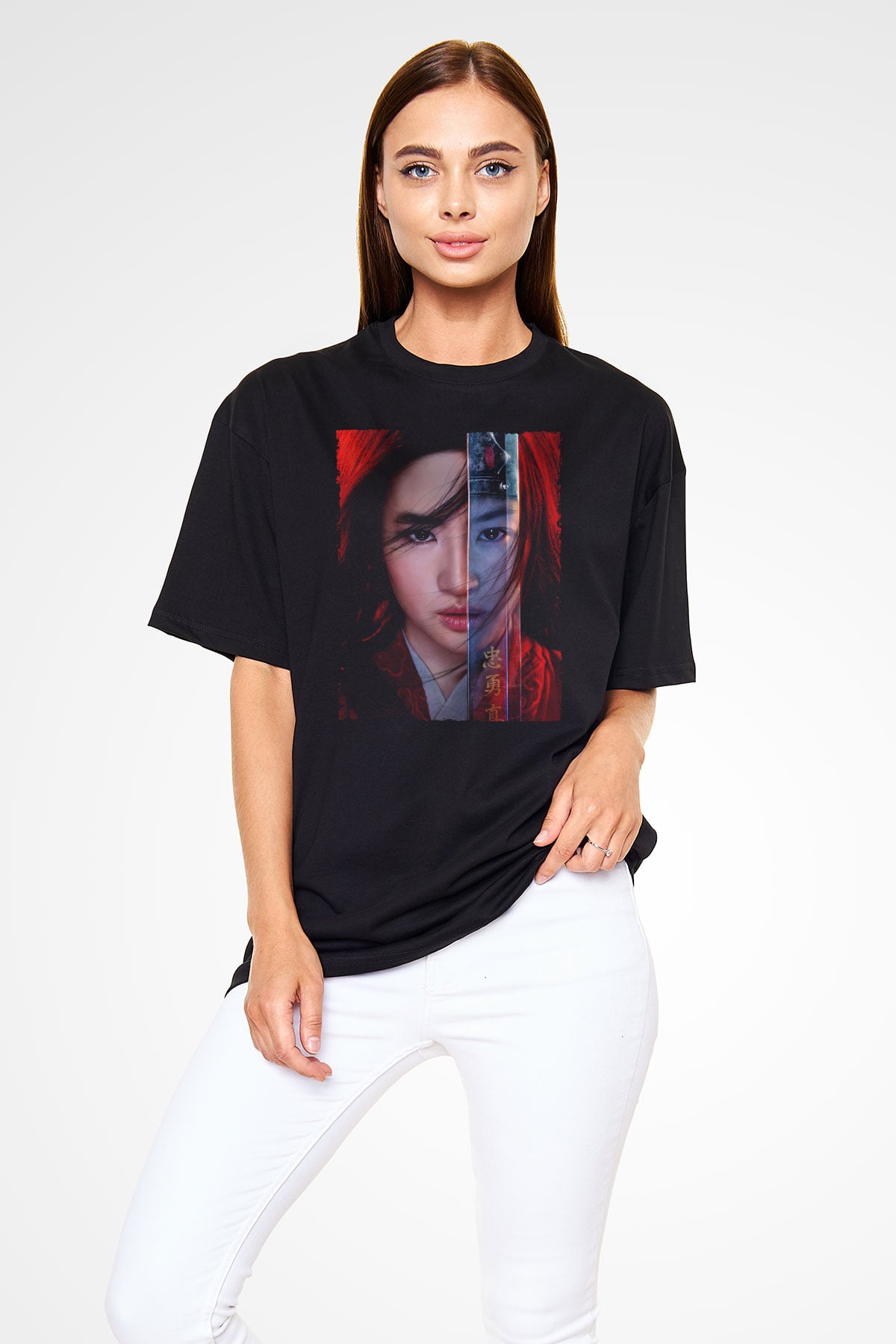 Unisex Mulan Baskılı Siyah Oversize T-shirt