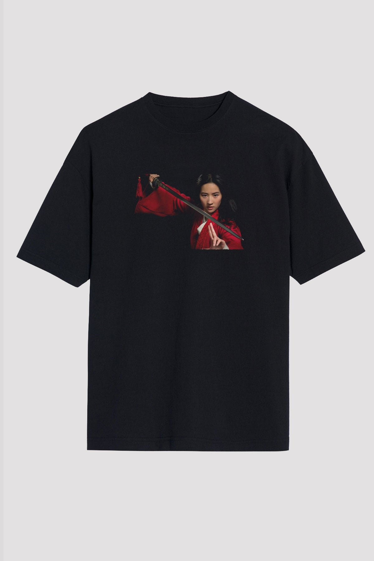 Unisex Mulan Baskılı Siyah Oversize Tshirt