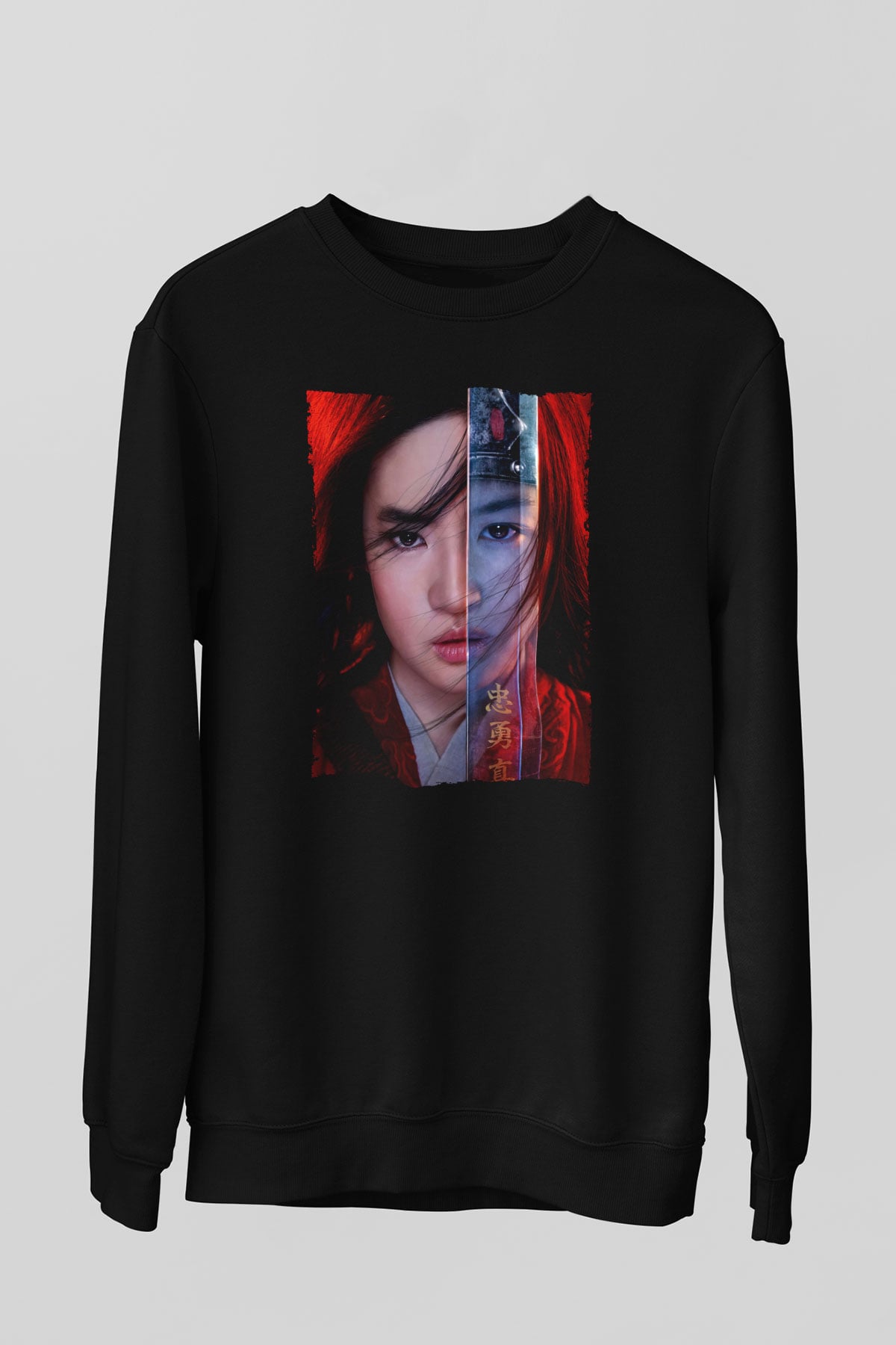 Unisex Mulan Baskılı Siyah Sweatshirt