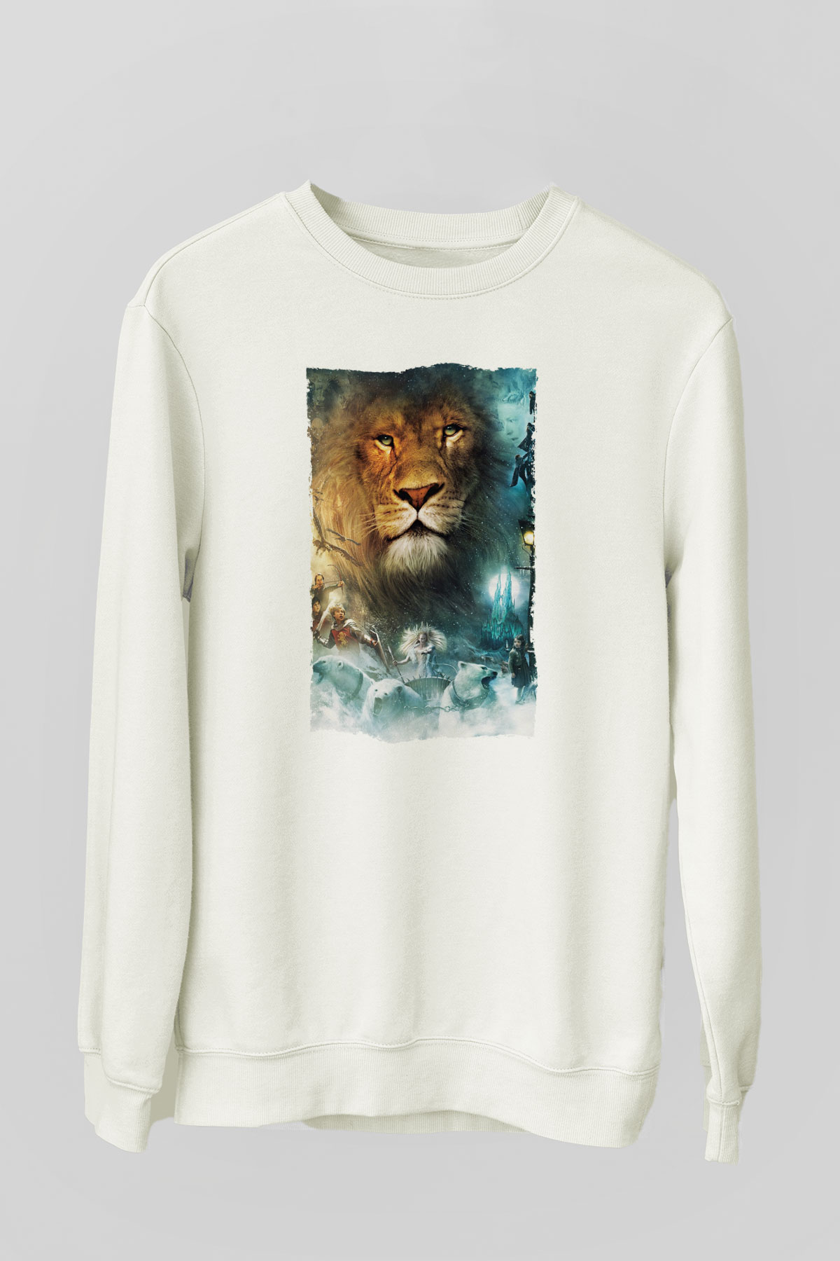 Unisex Narnia Günlükleri Aslan, Cadı ve Dolap Baskılı Beyaz Sweatshirt