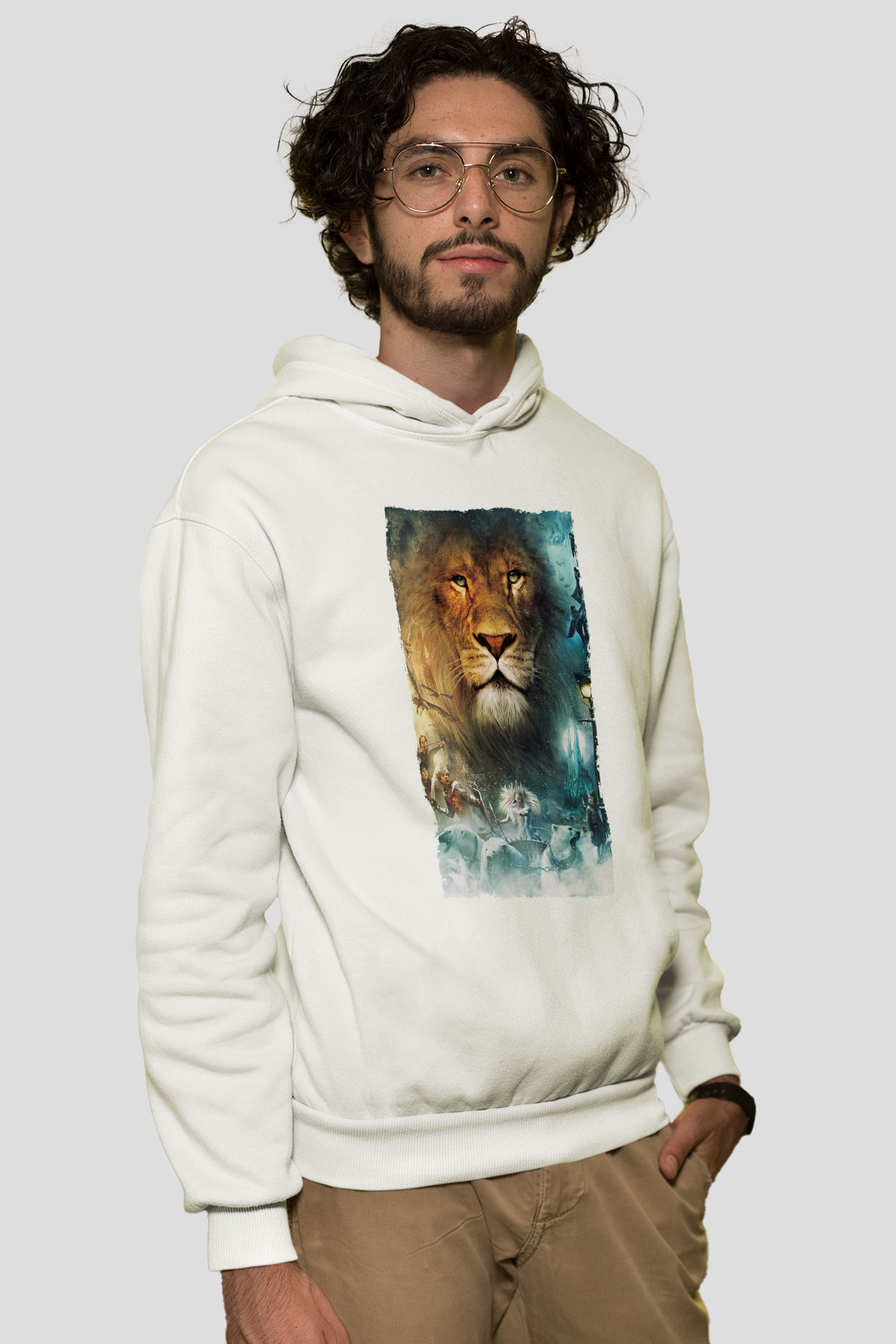 Unisex Narnia Günlükleri Aslan, Cadı ve Dolap Baskılı Beyaz Kapüşonlu Sweatshirt